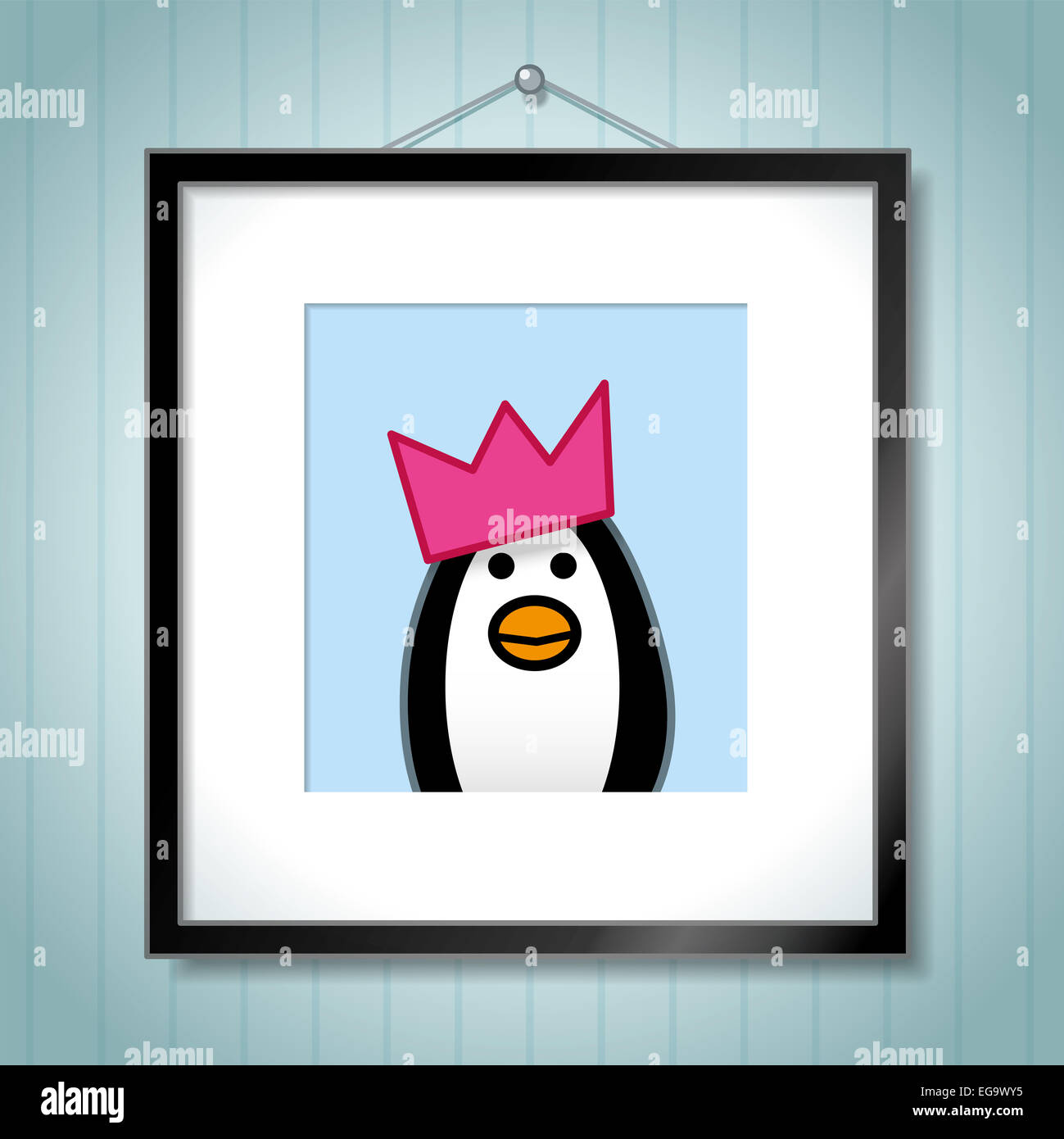 Niedliche Porträt des einzigen Penguin Party Hut in Bilderrahmen hängen blaue Wallpaper Hintergrund Stockfoto