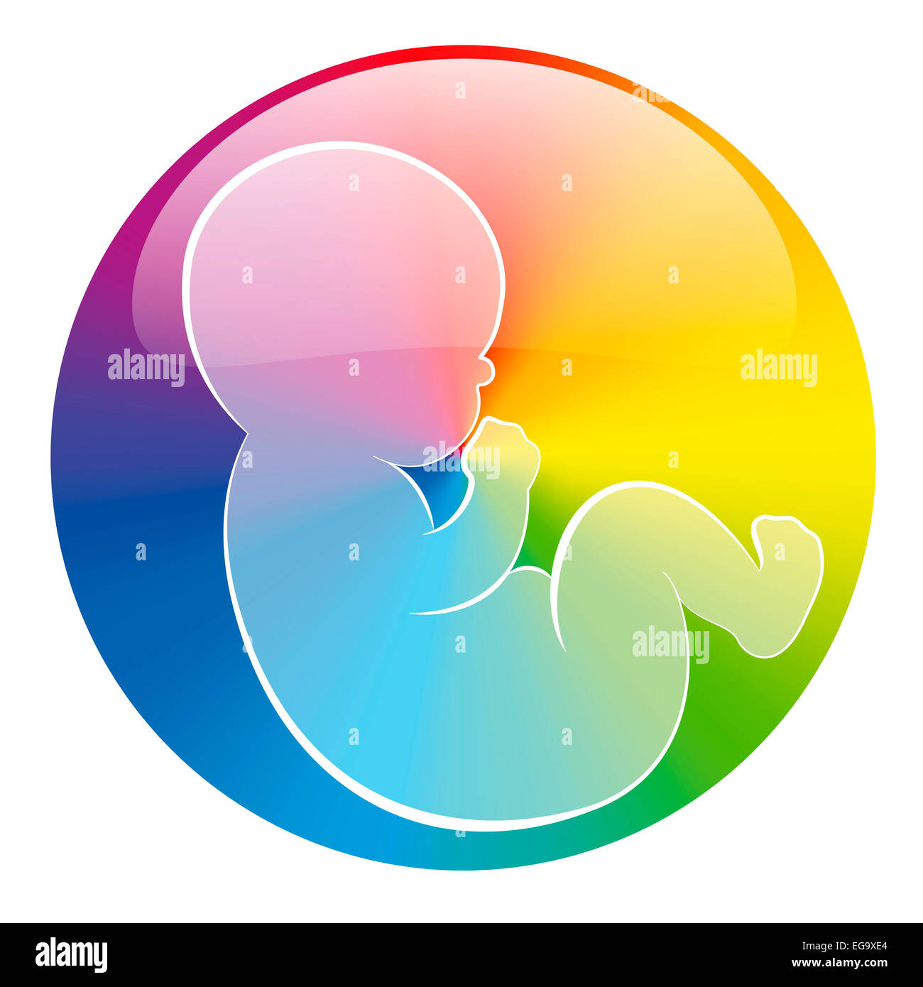 Baby, das liegt geschützt in einer Runde Regenbogen farbig glänzend Blase. Stockfoto