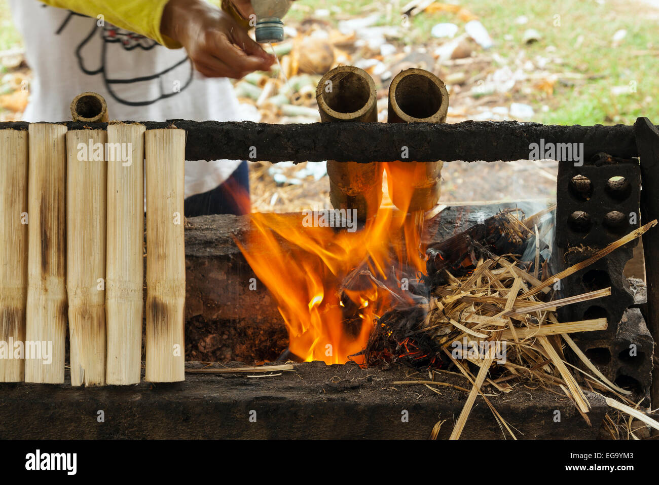 Kambodschanische Essen Spezialitt (Kralan) - sticks Bambus, gefllt mit  klebrigen Reis Bohnen und ber offenem Feuer gegrillt Stockfotografie -  Alamy