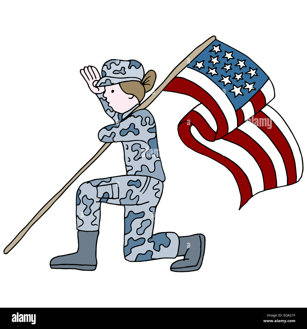 Ein Bild eines weiblichen Soldaten salutieren beim Knien und halten die amerikanische Flagge. Stockfoto