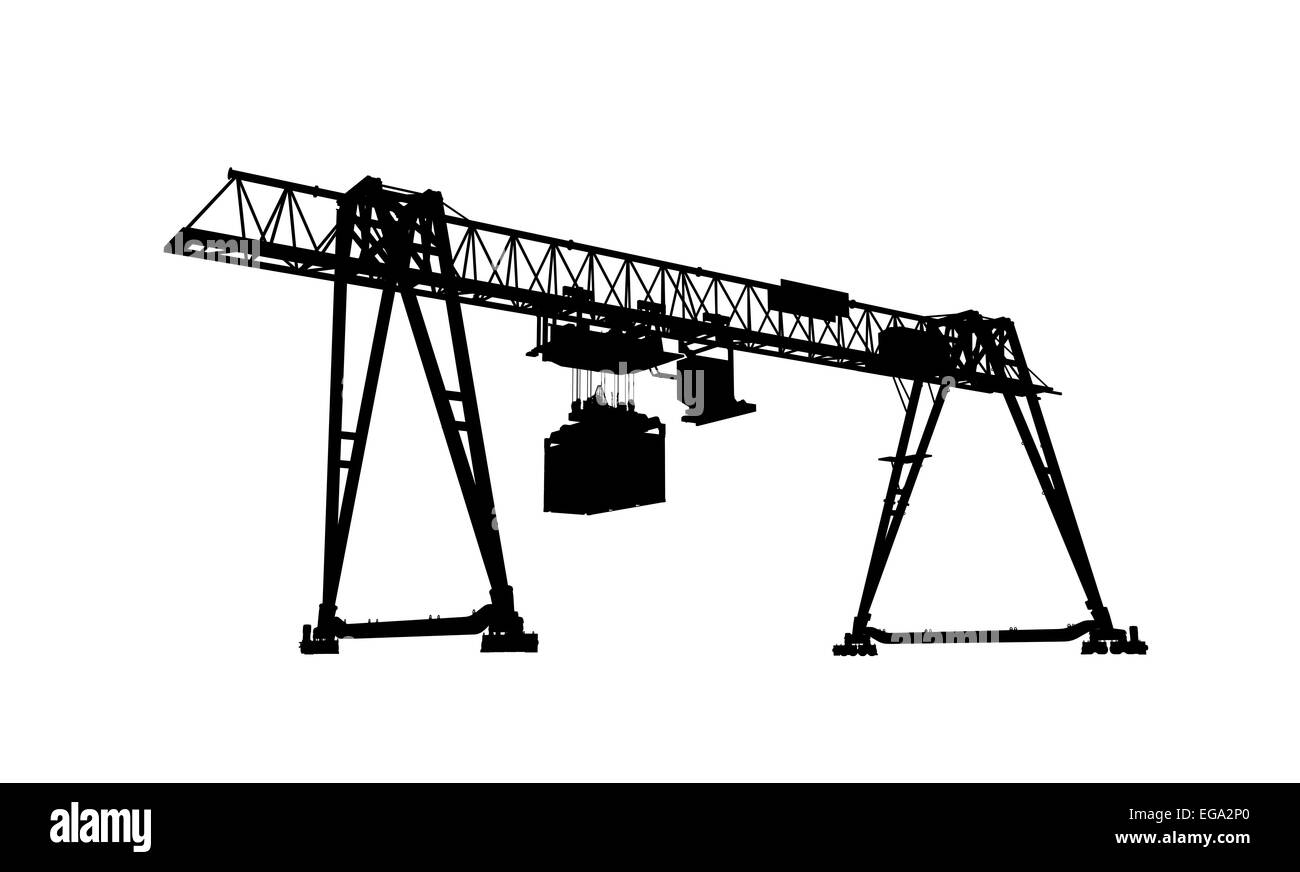 Container-Brücke-Portalkran. Schwarze Silhouette isoliert auf weißem Hintergrund, Modell 3D-Rendering Stockfoto