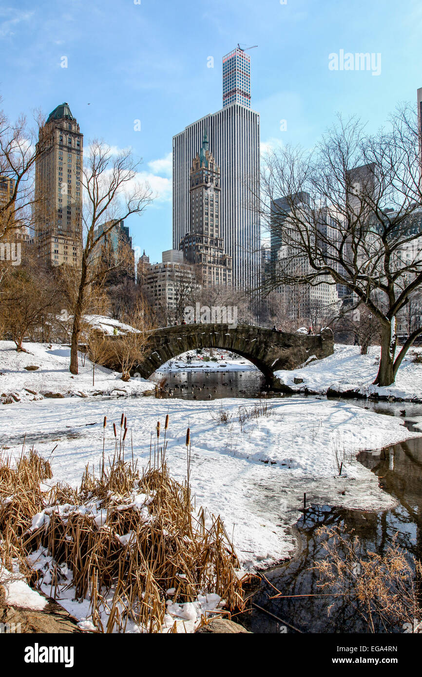 New York, NY, USA. 18. Februar 2015. Zeigen Sie vom Central Park entfernt in der Nähe von Eisbahn im Winter mit Steinbrücke in New York City an. Stockfoto