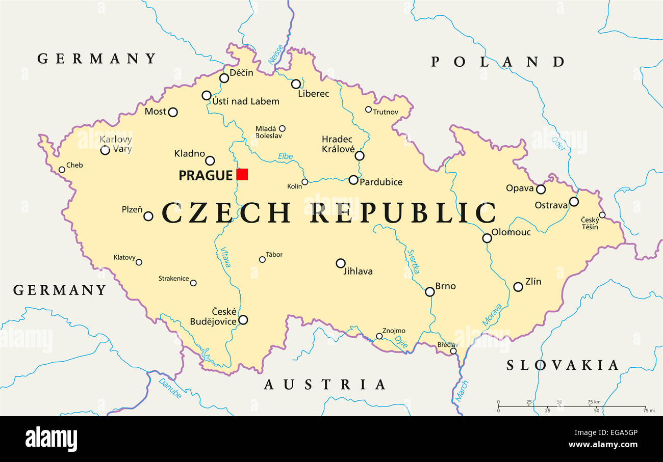 Tschechische Republik politische Karte mit Hauptstadt Prag, Landesgrenzen, wichtige Städte, Flüsse und Seen. Englisch beschriften. Stockfoto