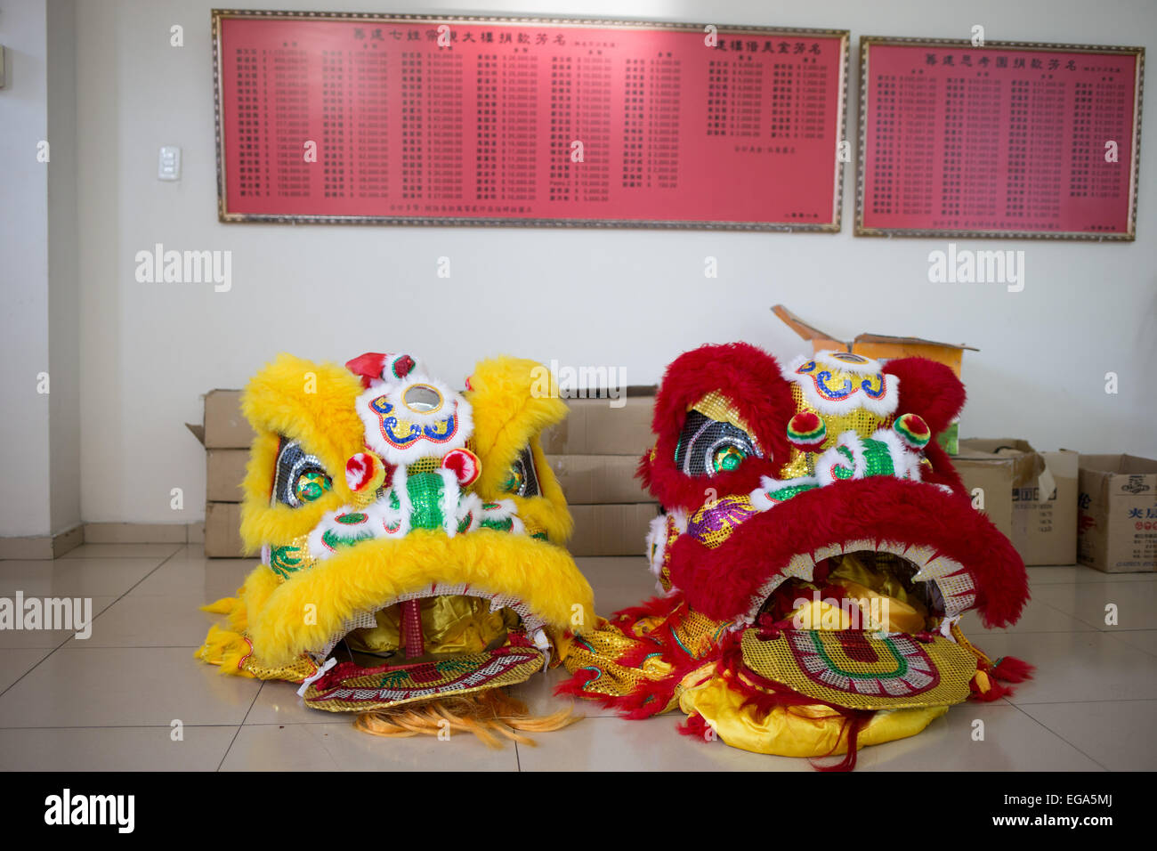 Santo Domingo. 19. Februar 2015. Foto aufgenommen am 19. Februar 2015, zeigt zwei Löwen Kostüme bereit in der Chasintong-Stiftung, in Chinatown, Santo Domingo, Dominikanische Republik. Löwentanz ist eine Form des traditionellen Tanzes in China, die von zwei Tänzern und es erfolgt in der Regel durchgeführt, um das chinesische Neujahrsfest zu feiern. © Fran Afonso/Xinhua/Alamy Live-Nachrichten Stockfoto