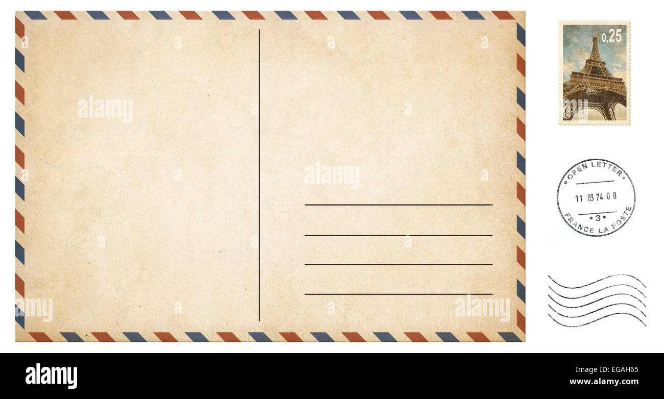 alte Leere Postkarte isoliert auf weiss mit Post Briefmarken Satz Stockfoto