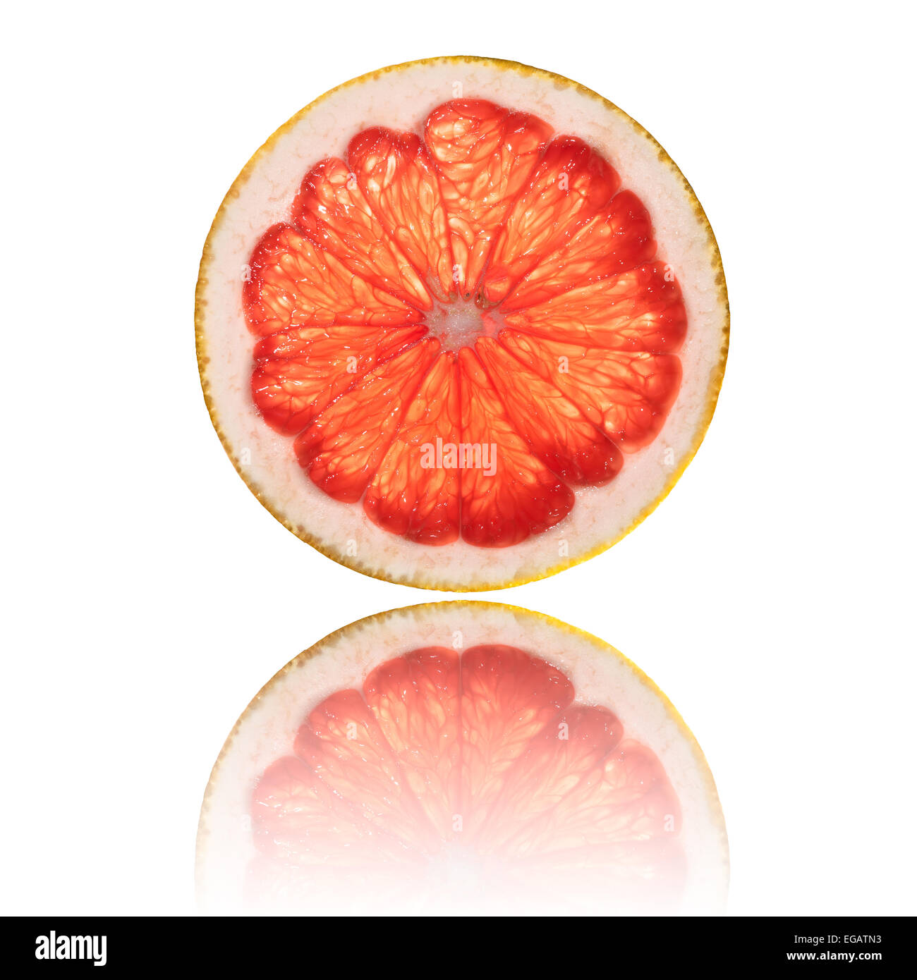 Rosa Grapefruit Scheibe isoliert auf weißem Hintergrund wieder beleuchtet und Reflexion Stockfoto