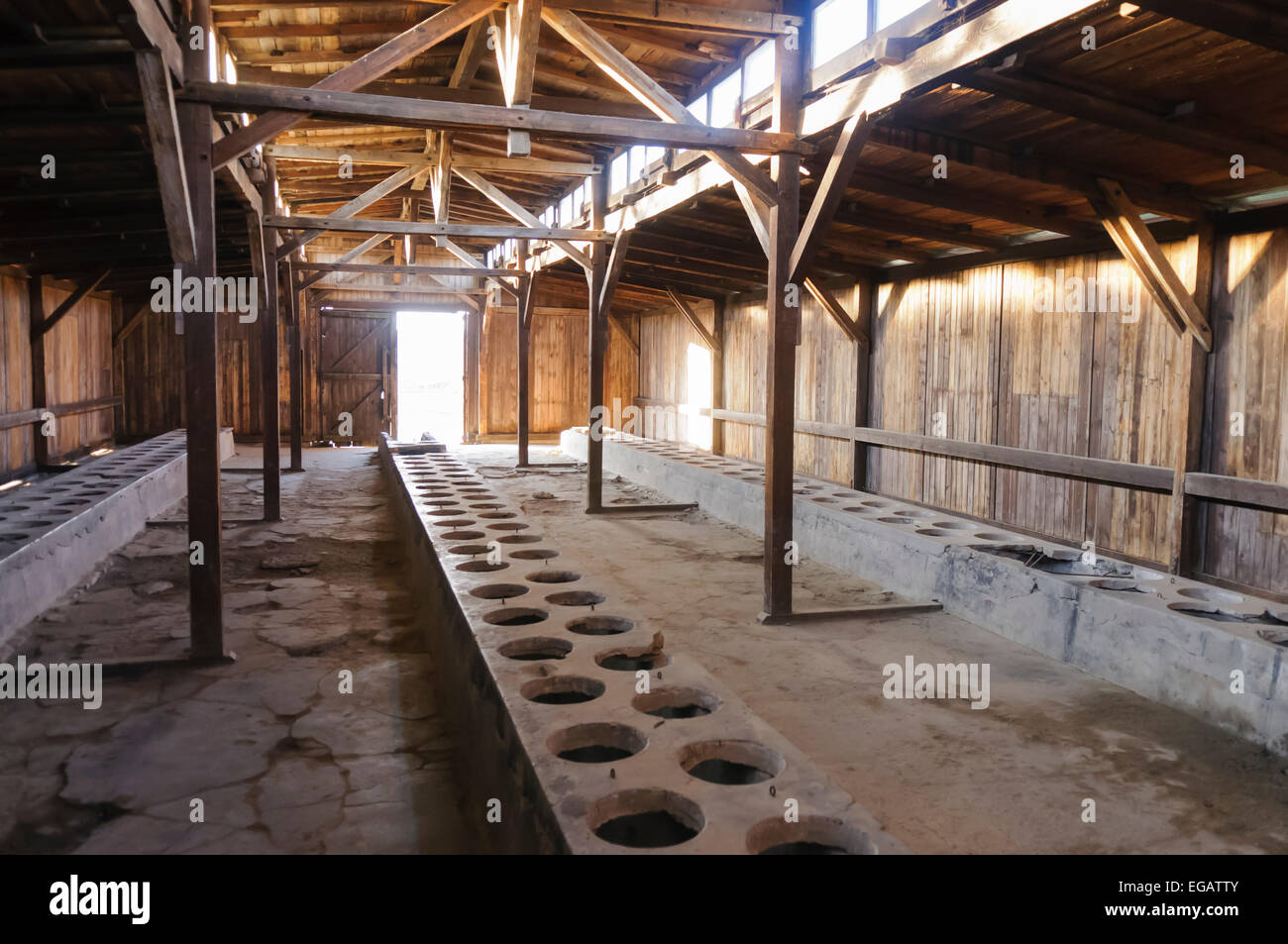 Reihen von Toiletten in einer Holzhütte im KZ Auschwitz-Berkenhau Stockfoto