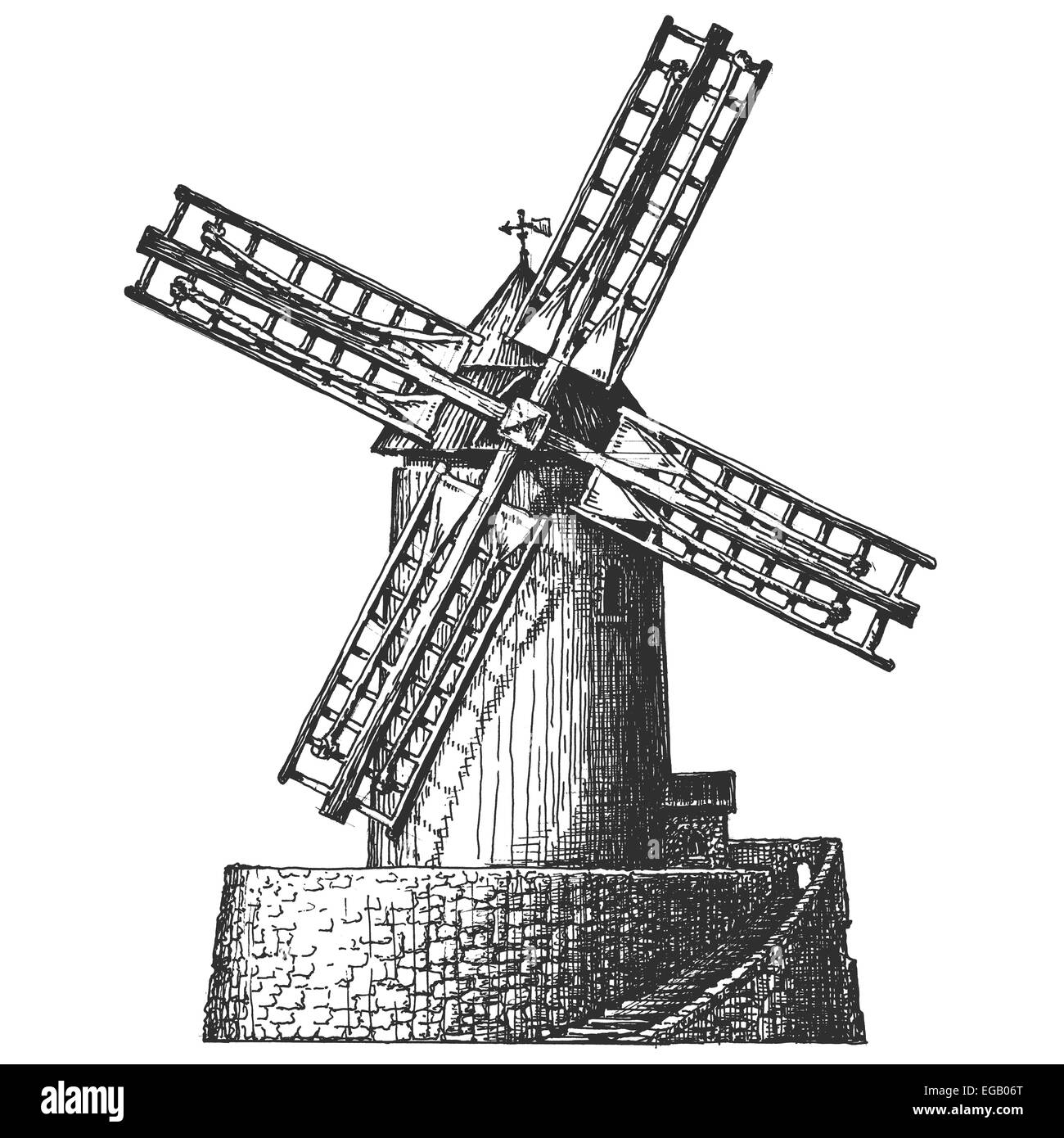 Skizze. Alte Windmühle auf einem weißen Hintergrund. Vektor-illustration Stockfoto