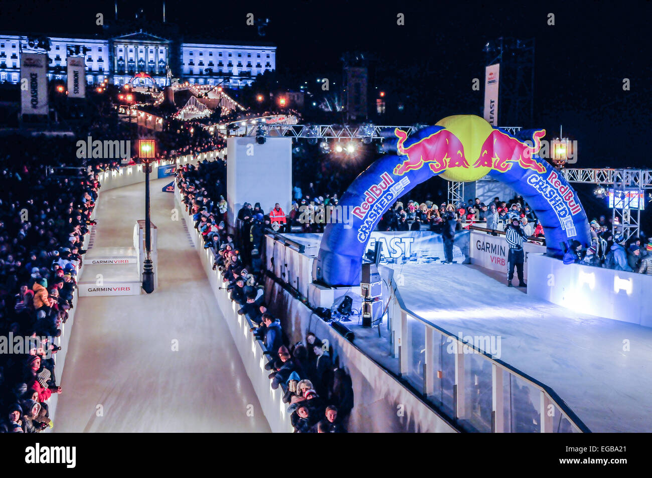 Belfast, Nordirland. 21. Februar 2015. Die Strecke in Stormont für den Red Bull stürzte Eis einzelnen Wettbewerb Kredit: Stephen Barnes/Alamy Live News Stockfoto