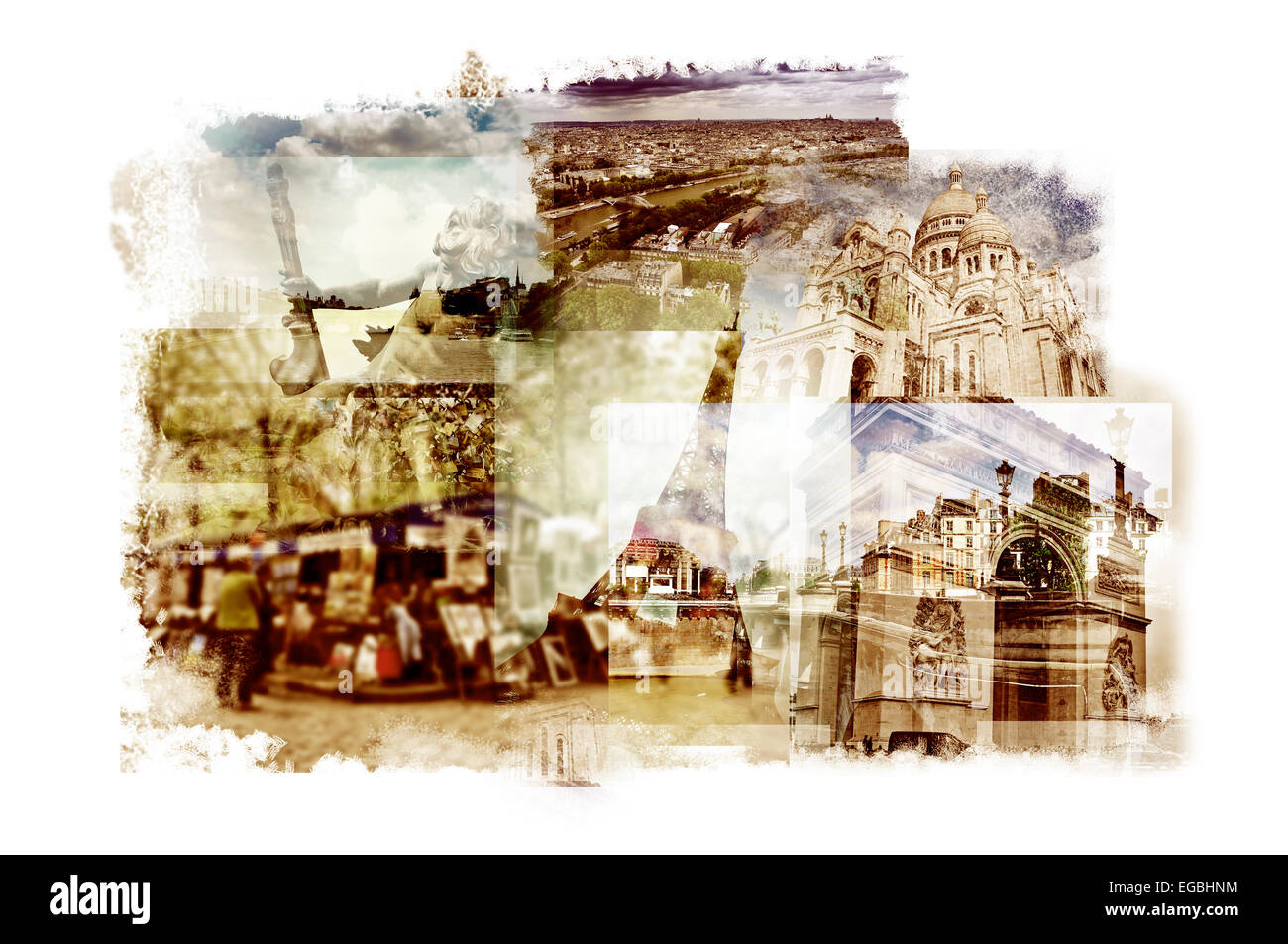 Mehrfachbelichtungen von verschiedenen Sehenswürdigkeiten in Paris, Frankreich wie der Eiffelturm, der Basilika Sacré-Coeur, einige brid Stockfoto