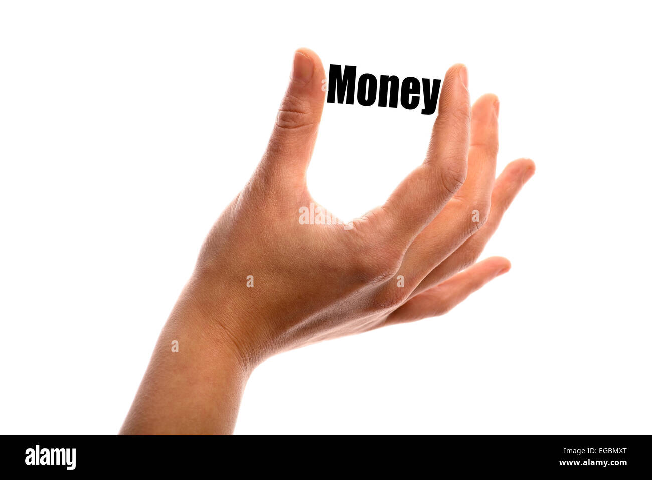 Horizontalen Schuss eine Hand hält das Wort "Geld" zwischen zwei Fingern, isolated on White. Stockfoto