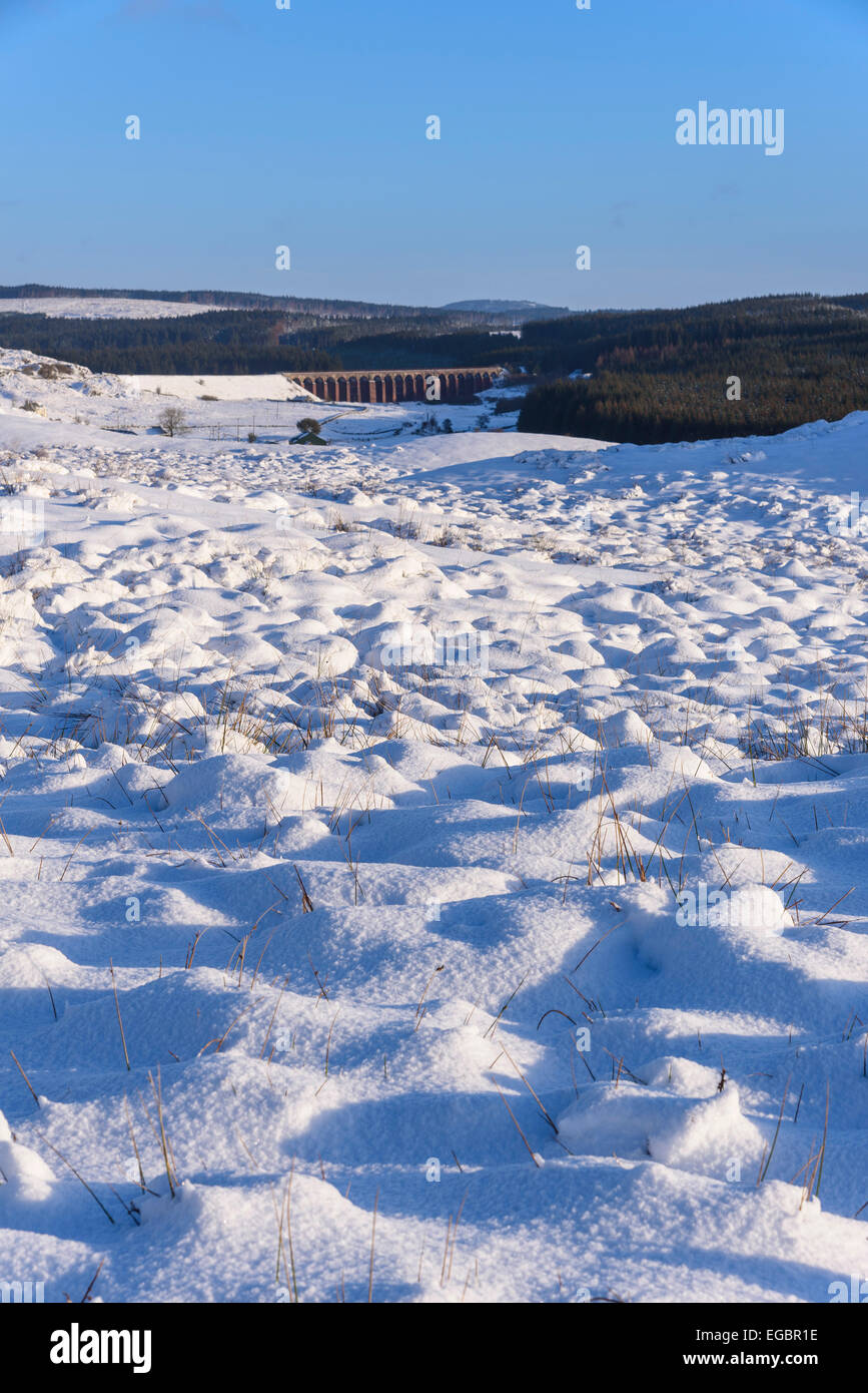 Große Wasser der Flotte-Viadukt im Winterschnee, in der Nähe von Gatehouse of Fleet, Dumfries & Galloway, Schottland Stockfoto