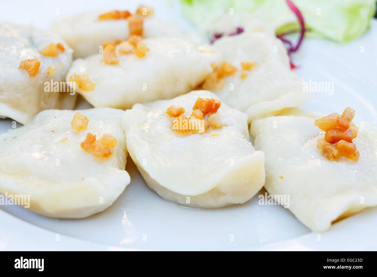 leckere Knödel gekocht in weißer Teller Stockfoto