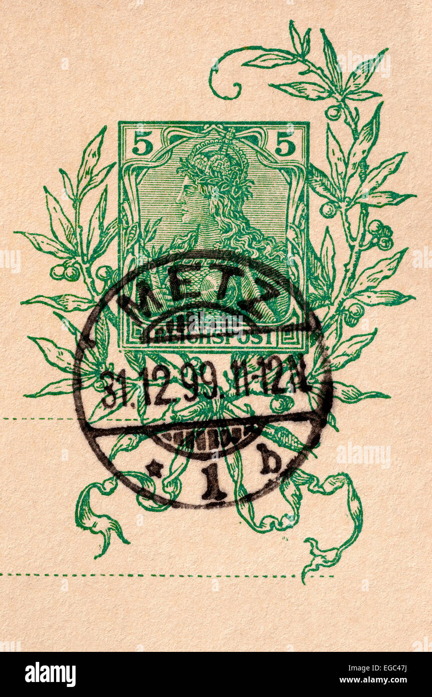Deutsche Postkarte Datum-Stempel Metz 31.12.99 (letzte mögliche Entsendung des 19. Jahrhunderts). Stockfoto