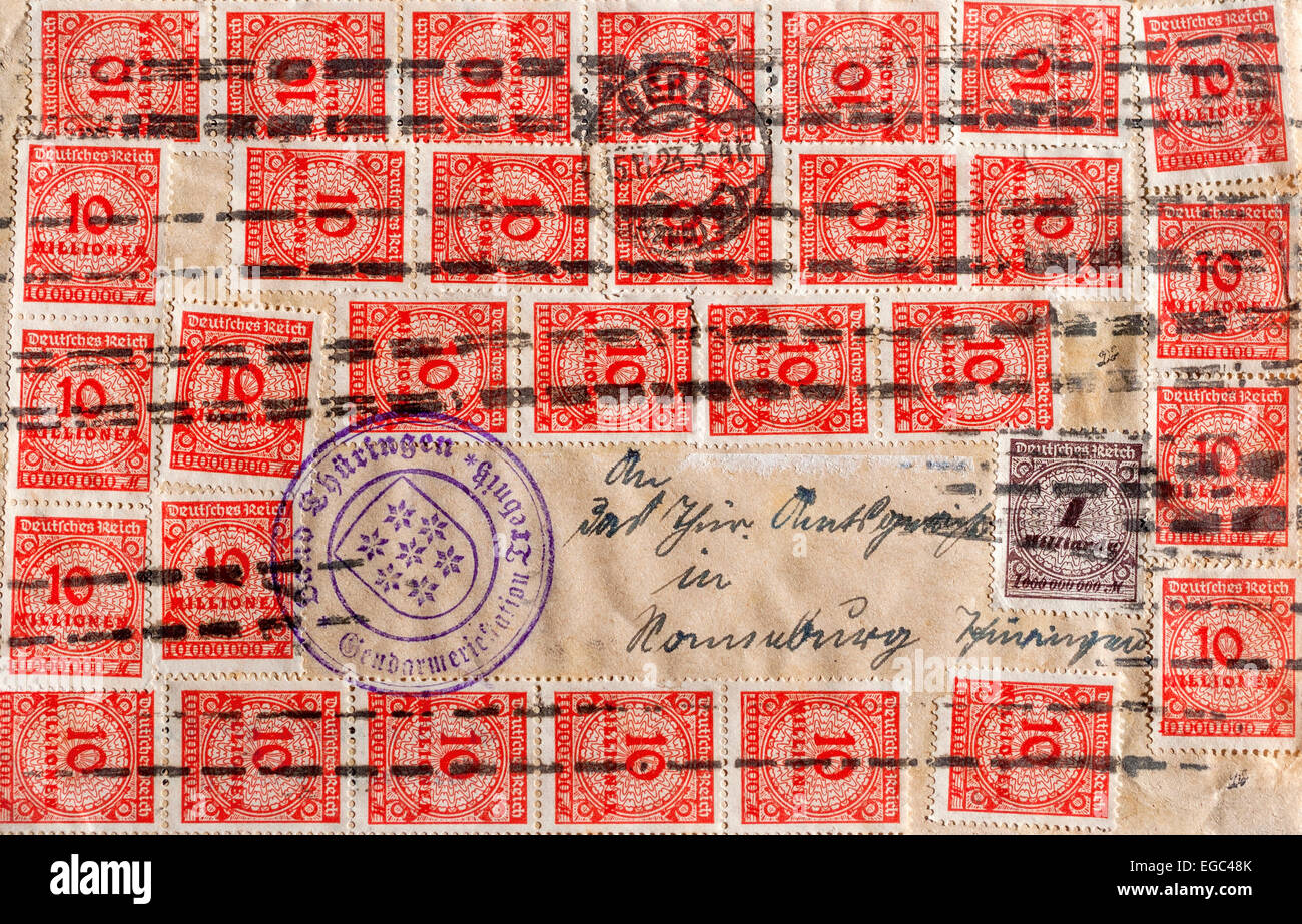 1923 deutscher Brief mit 10,000,000,000 Noten von "hyper-Inflation" Briefmarken - Deutschland. Stockfoto