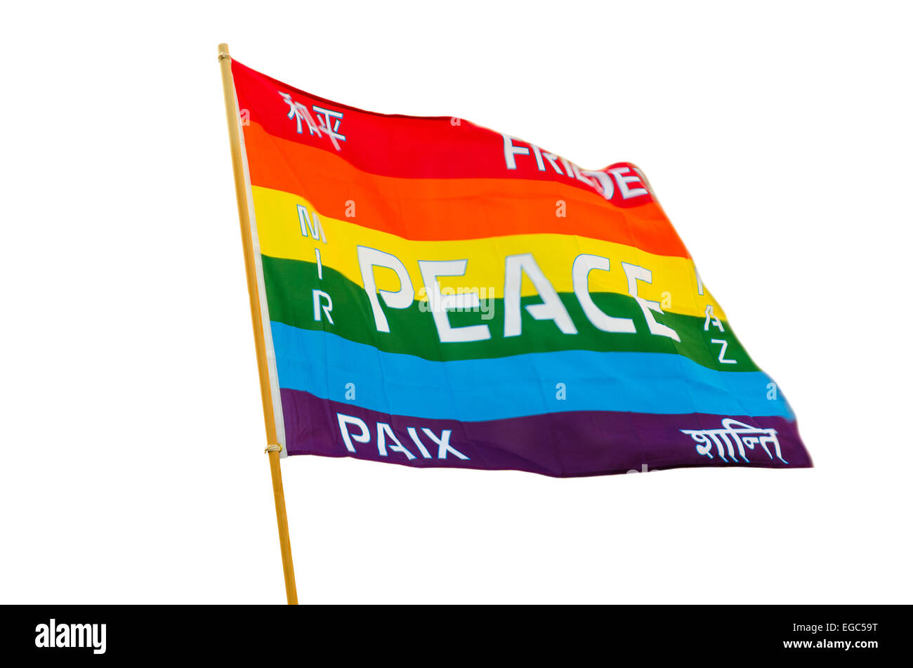 Winken hypochondrischen Pazifist Regenbogenfahne mit mehrsprachigen Frieden Text Wind flattern isolierten auf weißen Hintergrund Stockfoto