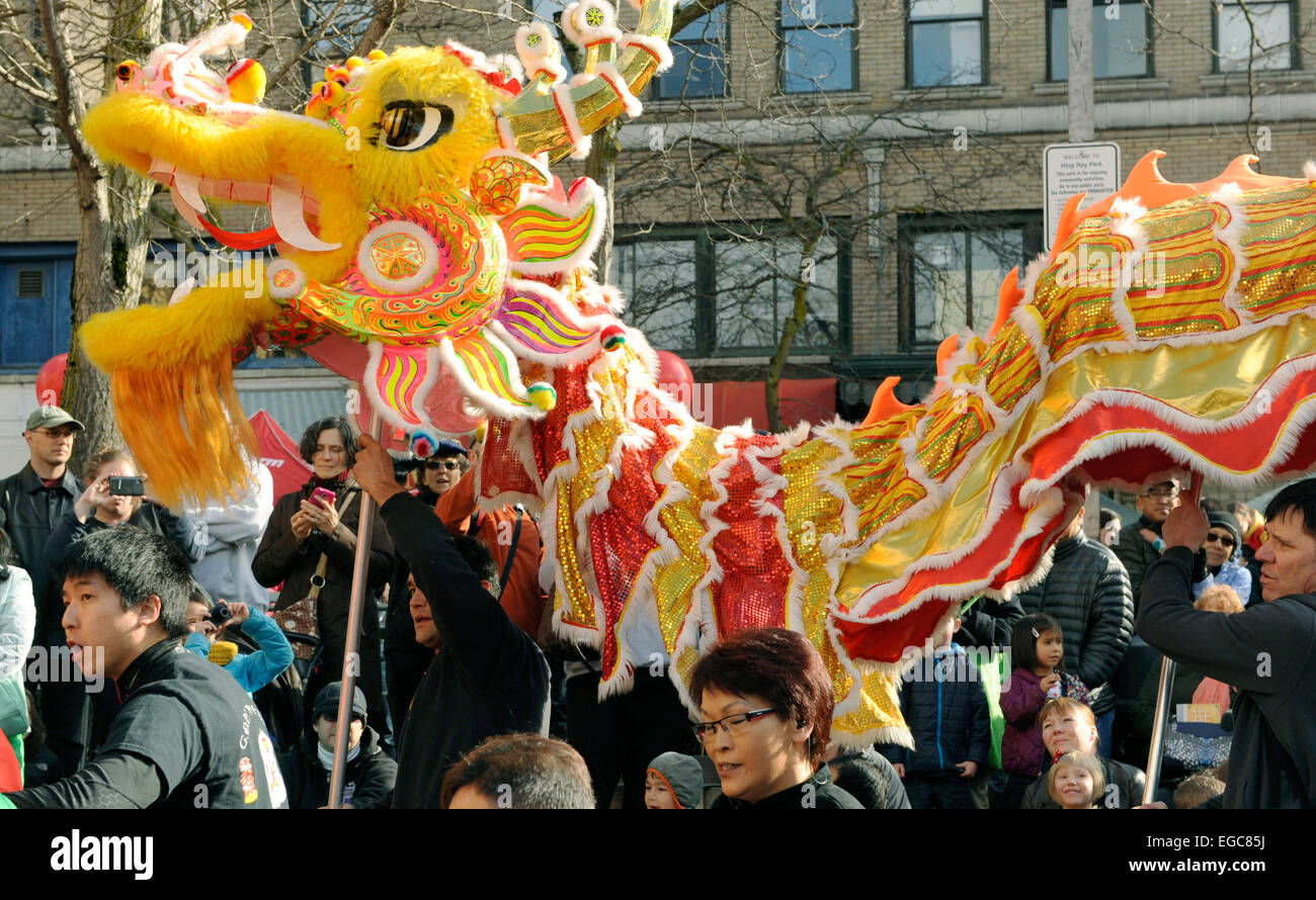 Drachentanz, Chinese Lunar New Year Feiern, Seattle, Chinatown, 21. Februar 2015 Stockfoto