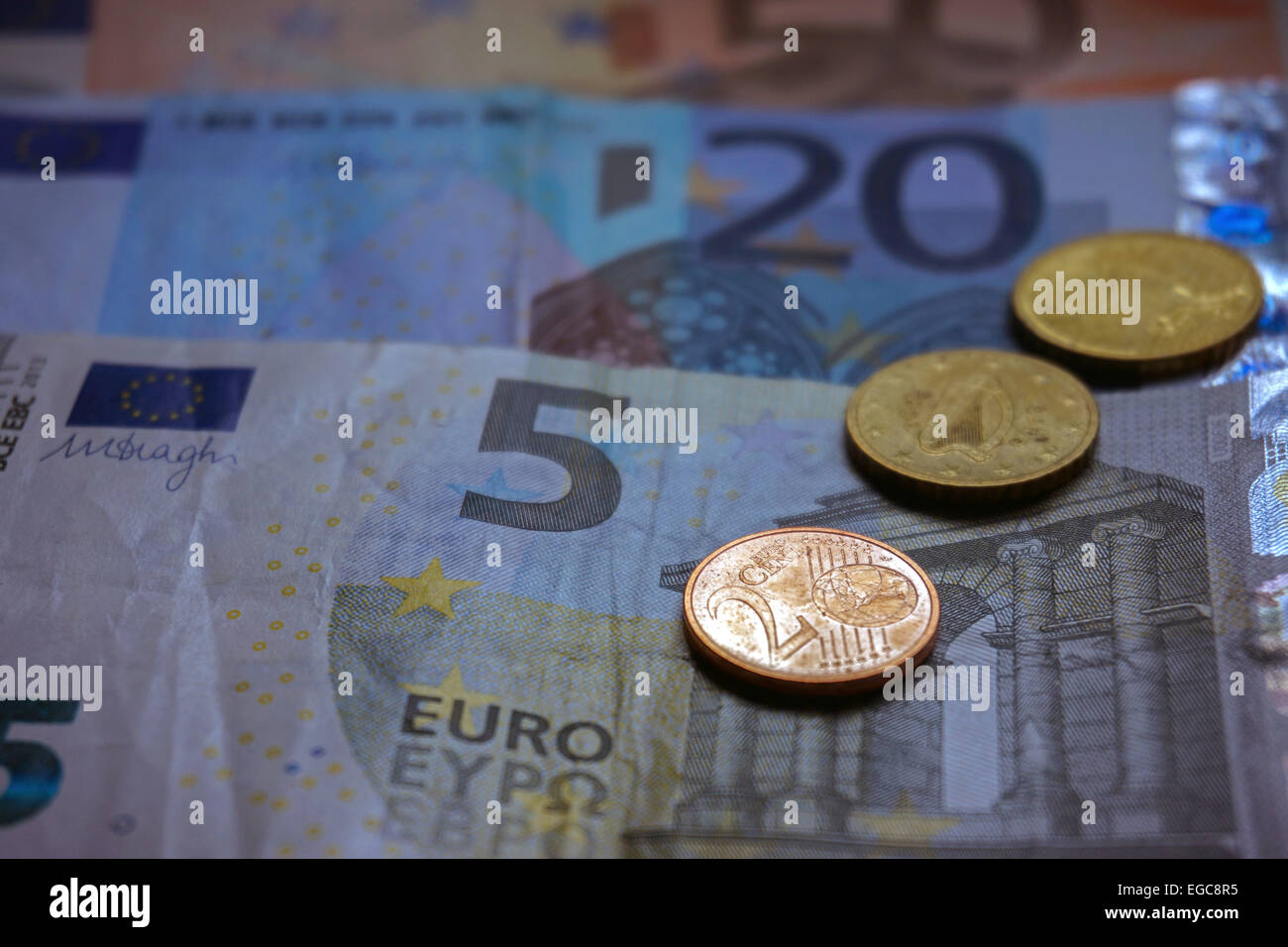 Euro, Geld, Münzen und Banknoten, Nahaufnahme Stockfoto