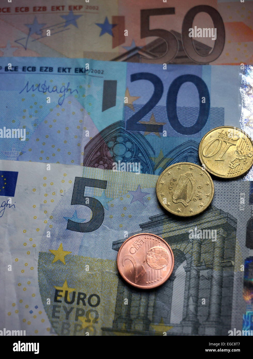 Euro, Geld, Münzen und Banknoten, Nahaufnahme Stockfoto