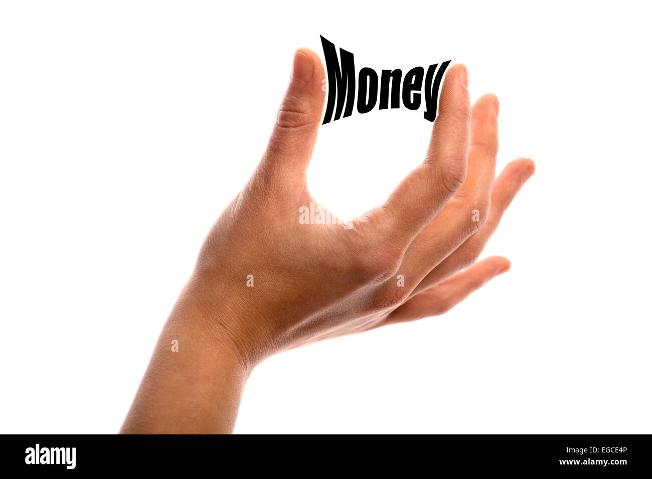 Horizontalen Schuss von zwei Fingern drückte das Wort "Geld" zwischen zwei Fingern, isolated on White. Stockfoto