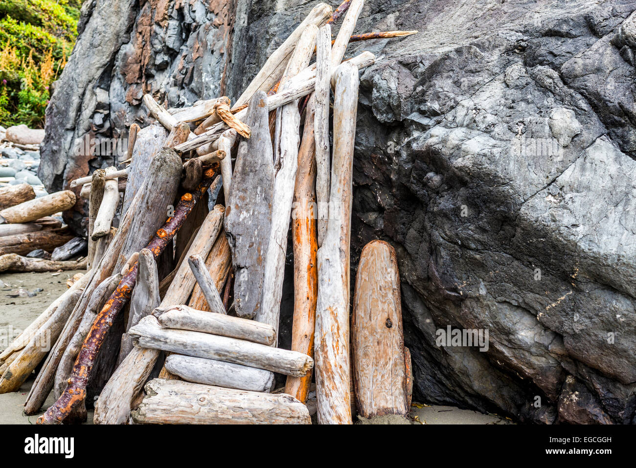 Treibholz gegen einen Felsen auf Hidden Beach liegen. Nord-Kalifornien Küste, USA. Stockfoto