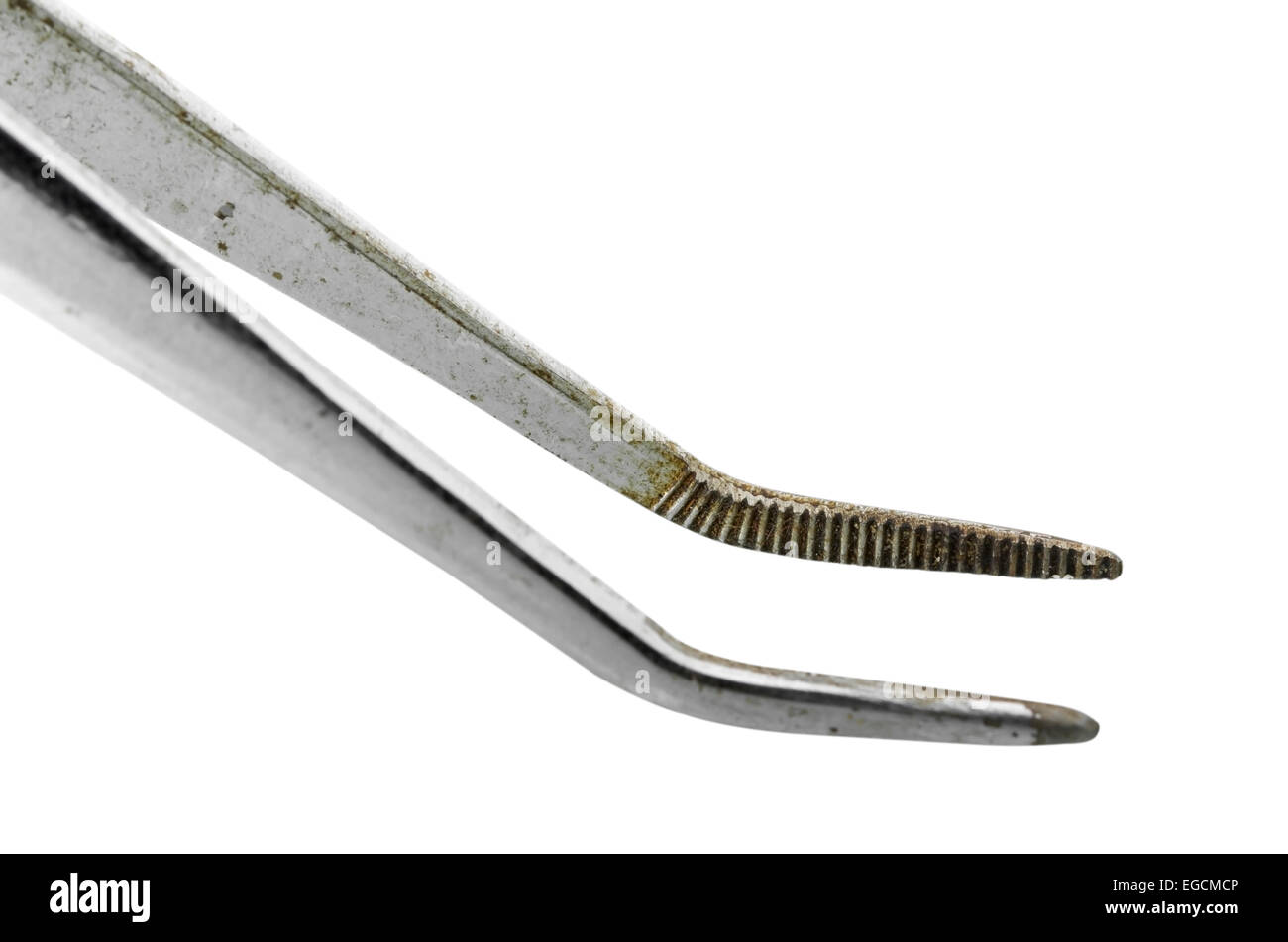 Alte medizinische Pinzetten mit gebogenen Enden isoliert auf weißem Hintergrund mit Beschneidungspfad Stockfoto