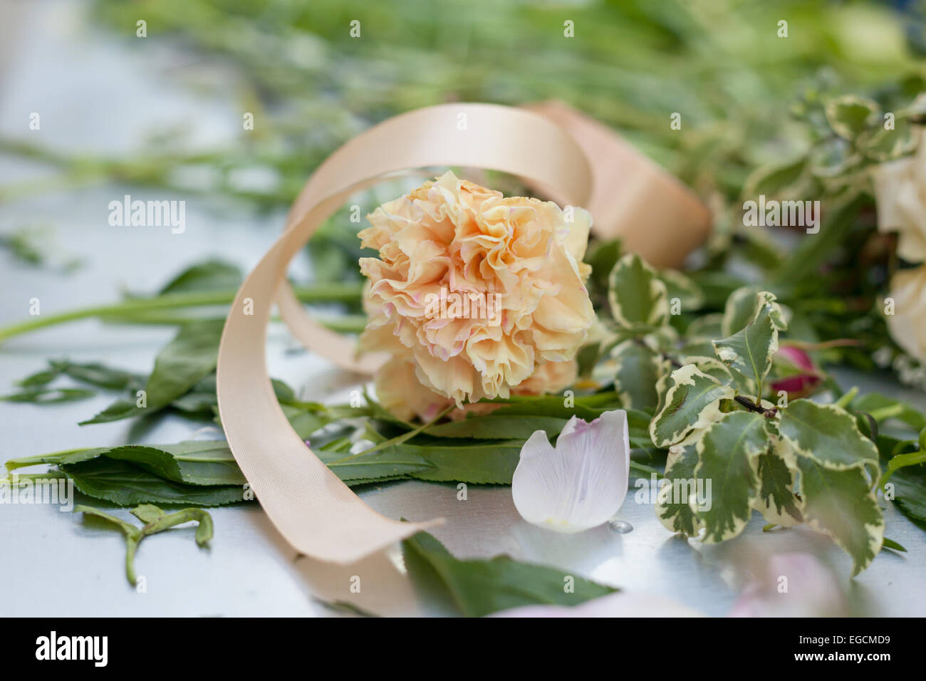 Blumengeschäft Arbeitsprozess. Konzeptionelle Foto. Workshop Stockfoto