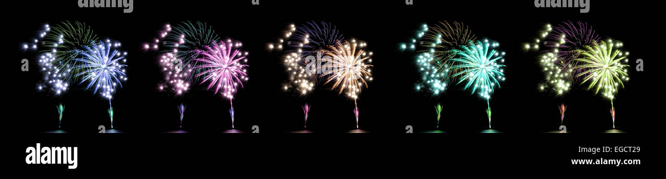 Feuerwerk und Feuerwerkskörper auf schwarzem Hintergrund Stockfoto