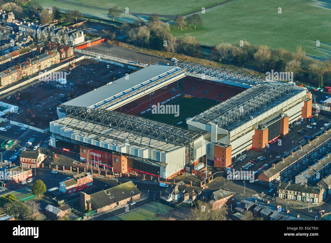 Eine Luftaufnahme des Anfield-Stadion, Heimat des FC Liverpool Stockfoto