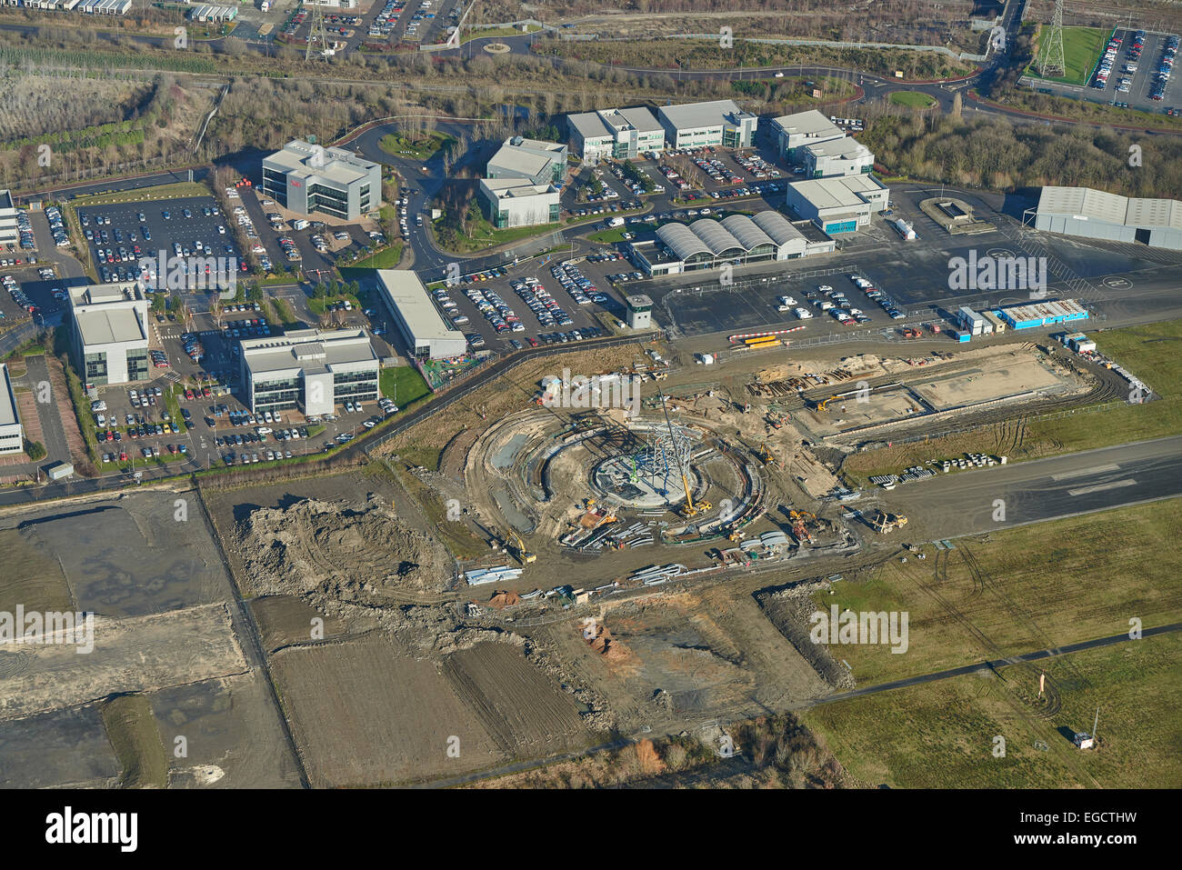 Luftaufnahme von Start-und Landebahn Sanierung bei Tinsley, Sheffield Stockfoto