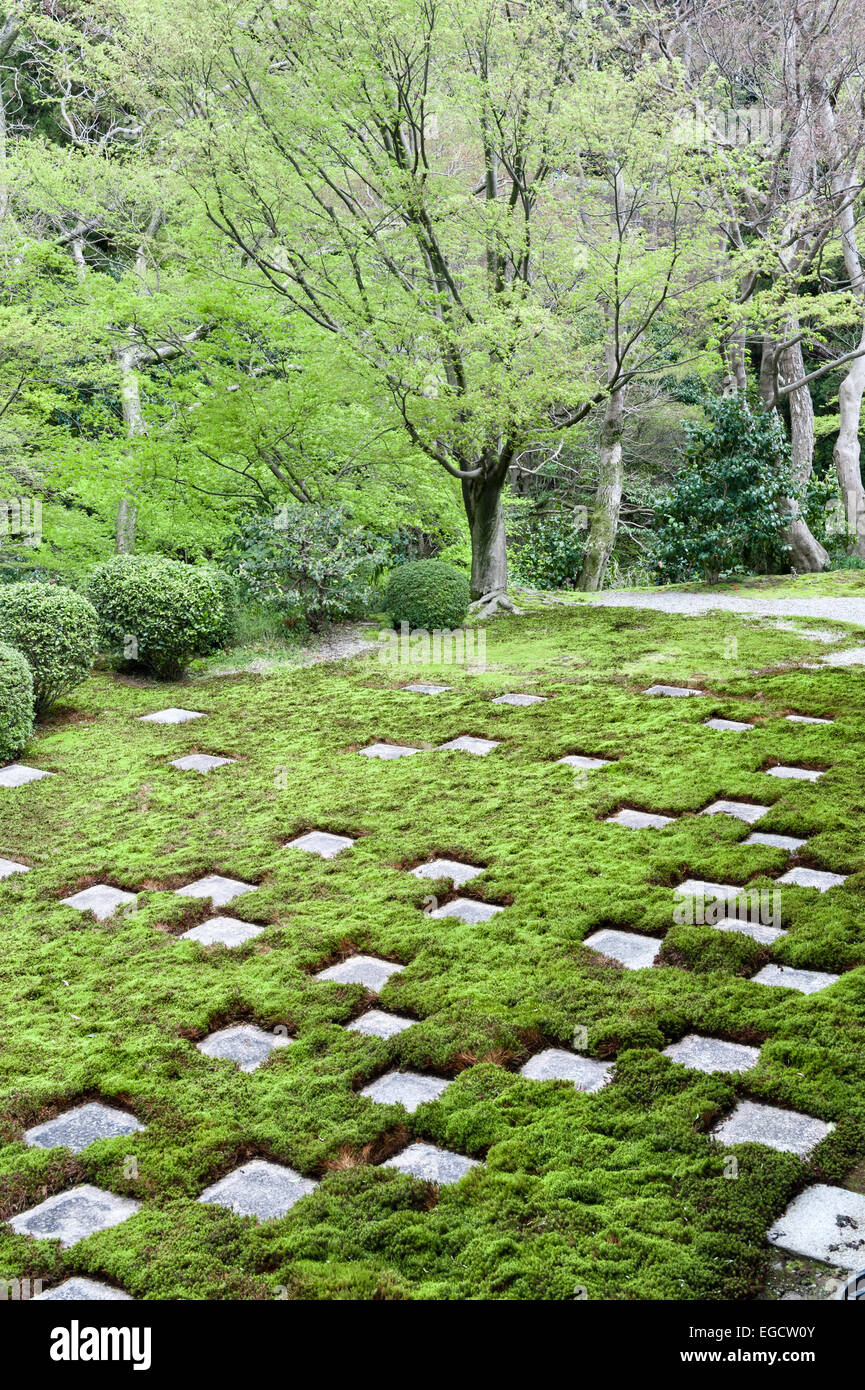 Ein Schachbrett aus Moos und Stein im nördlichen Garten des Hōjō (das Quartier des Abtes) im Tofuku-JI-Tempel, entworfen 1939 von Shigemori Mirei (Kyoto) Stockfoto