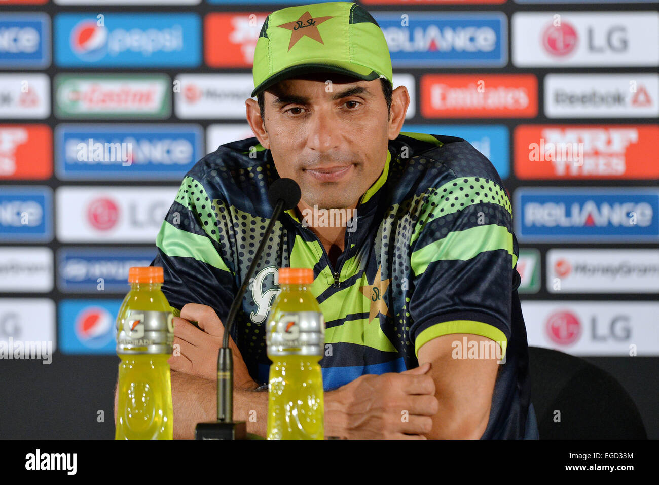 Christchurch, Neuseeland. 21. Februar 2015. Christchurch, New Zealand - 21. Februar 2015 - Misbah Ul Haq von Pakistan während der Pressekonferenz nach der ICC Cricket World Cup Match zwischen Pakistan und West Indies bei Hagley Oval am 21. Februar 2015 in Christchurch, Neuseeland. © Dpa/Alamy Live-Nachrichten Stockfoto