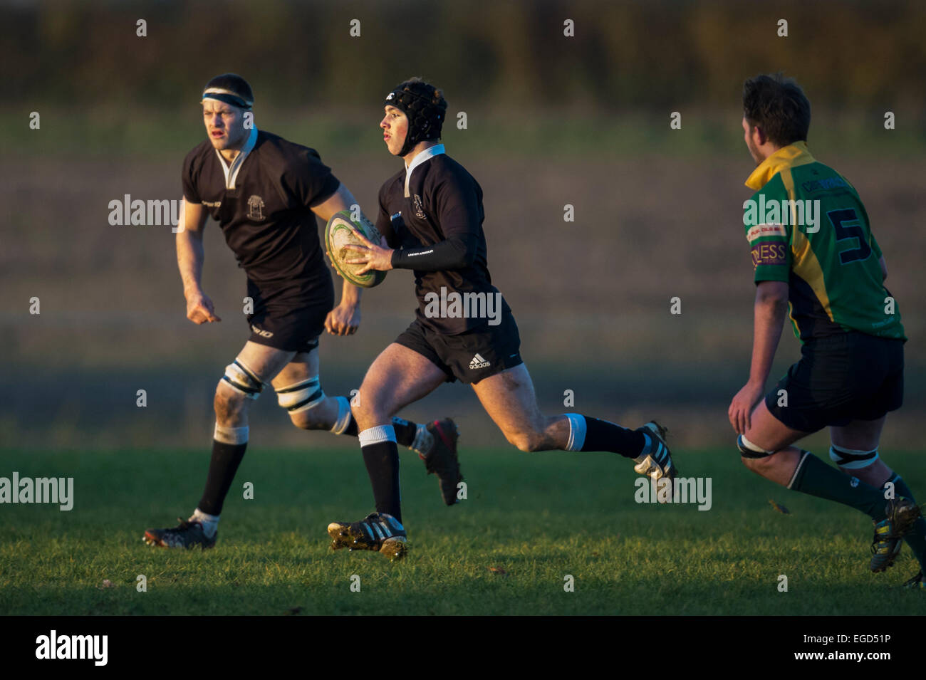Rugby-Spieler in Aktion mit dem Ball laufen. Stockfoto