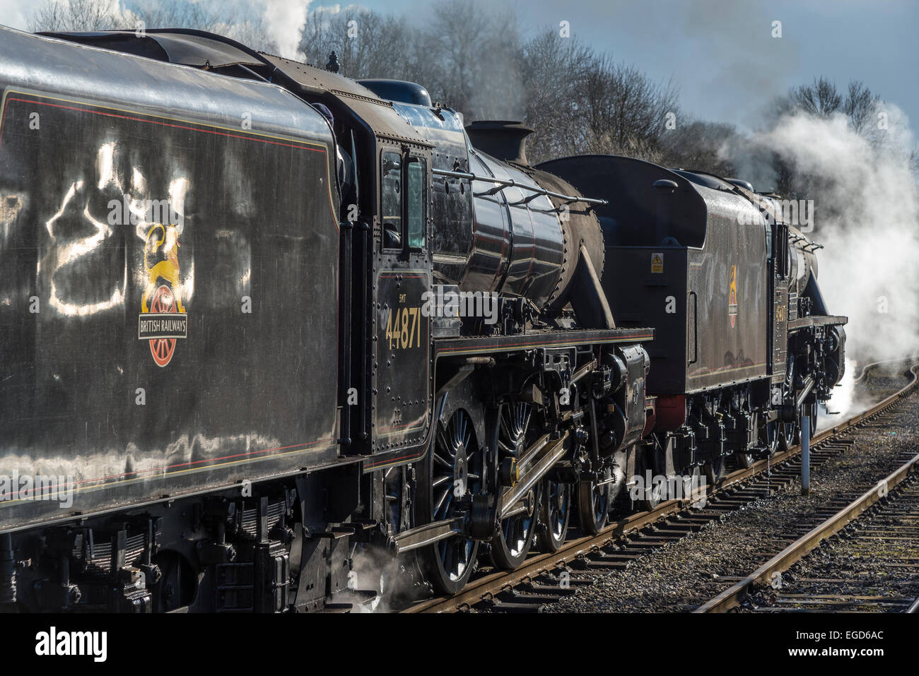 East Lancs Railway Steam Gala Februar 2015. Doppelte Leitung zweier Black 5 Loks unter der Leitung von der Lanashire Fusilier gesehen bei Ramsbotto Stockfoto