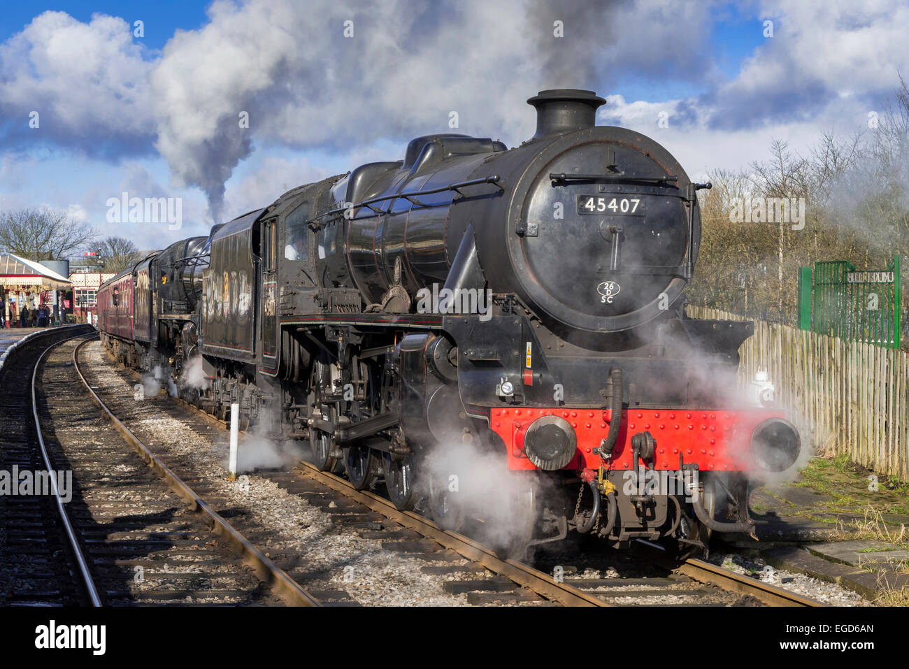 East Lancs Railway Steam Gala Februar 2015. Doppelte Leitung zweier Black 5 Loks unter der Leitung von der Lanashire Fusilier gesehen bei Ramsbotto Stockfoto
