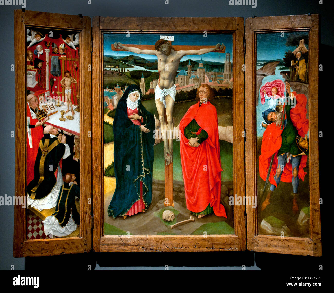 Triptychon mit der Kreuzigung 1460 Utrecht niederländischer Niederlande (an der linken Papst Gregory das große an der rechten Saint Christopher) Stockfoto