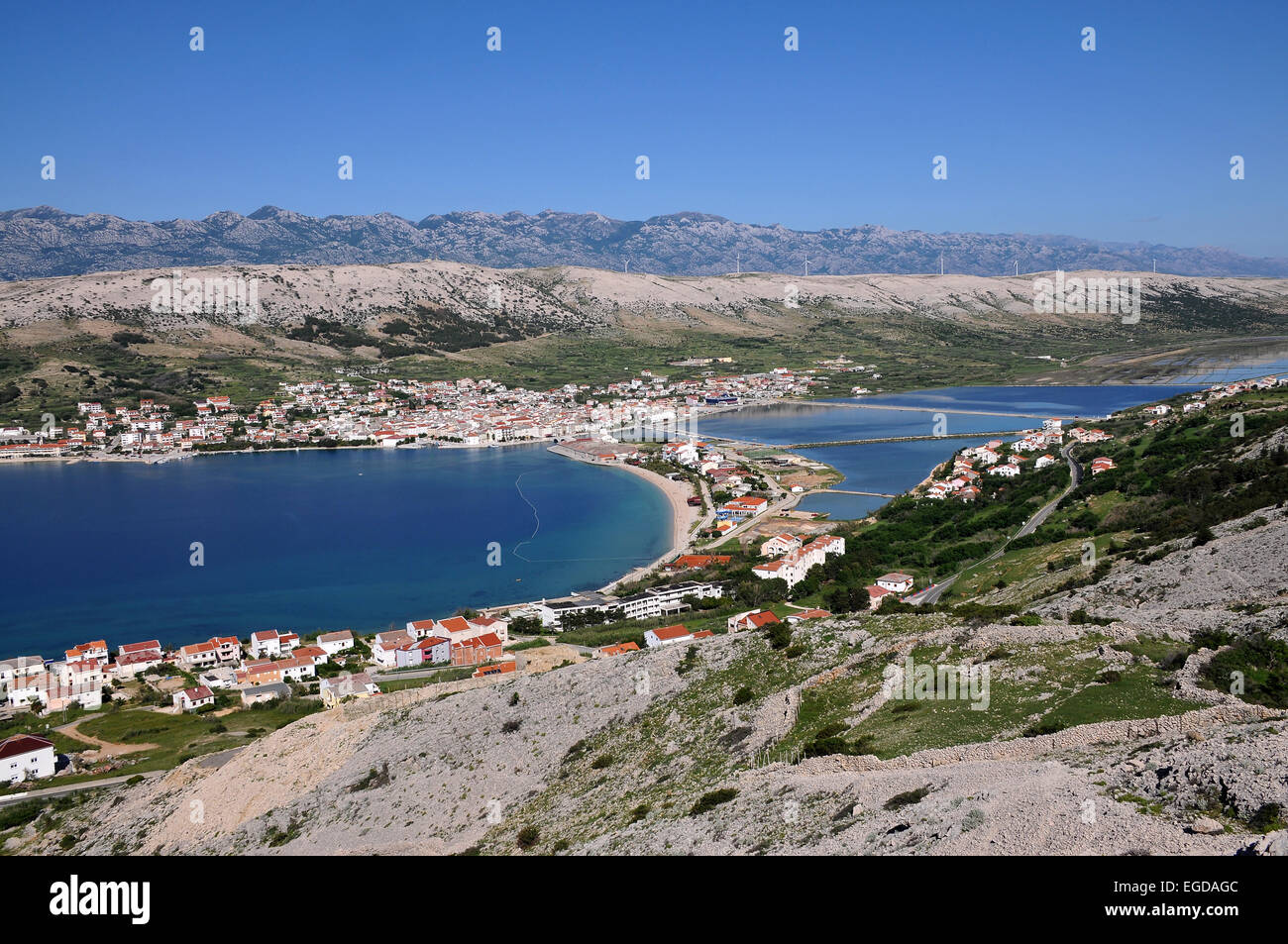 Blick in Richtung Pag, Insel Pag, Dalmatien, Adria, Kroatien Stockfoto