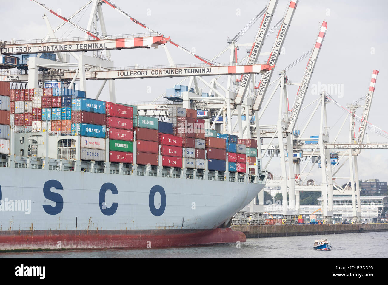 Das Containerschiff Cosco Oceania etwa zum Be- und Entladen am Container Terminal Tollerort, Hamburg, Deutschland Stockfoto