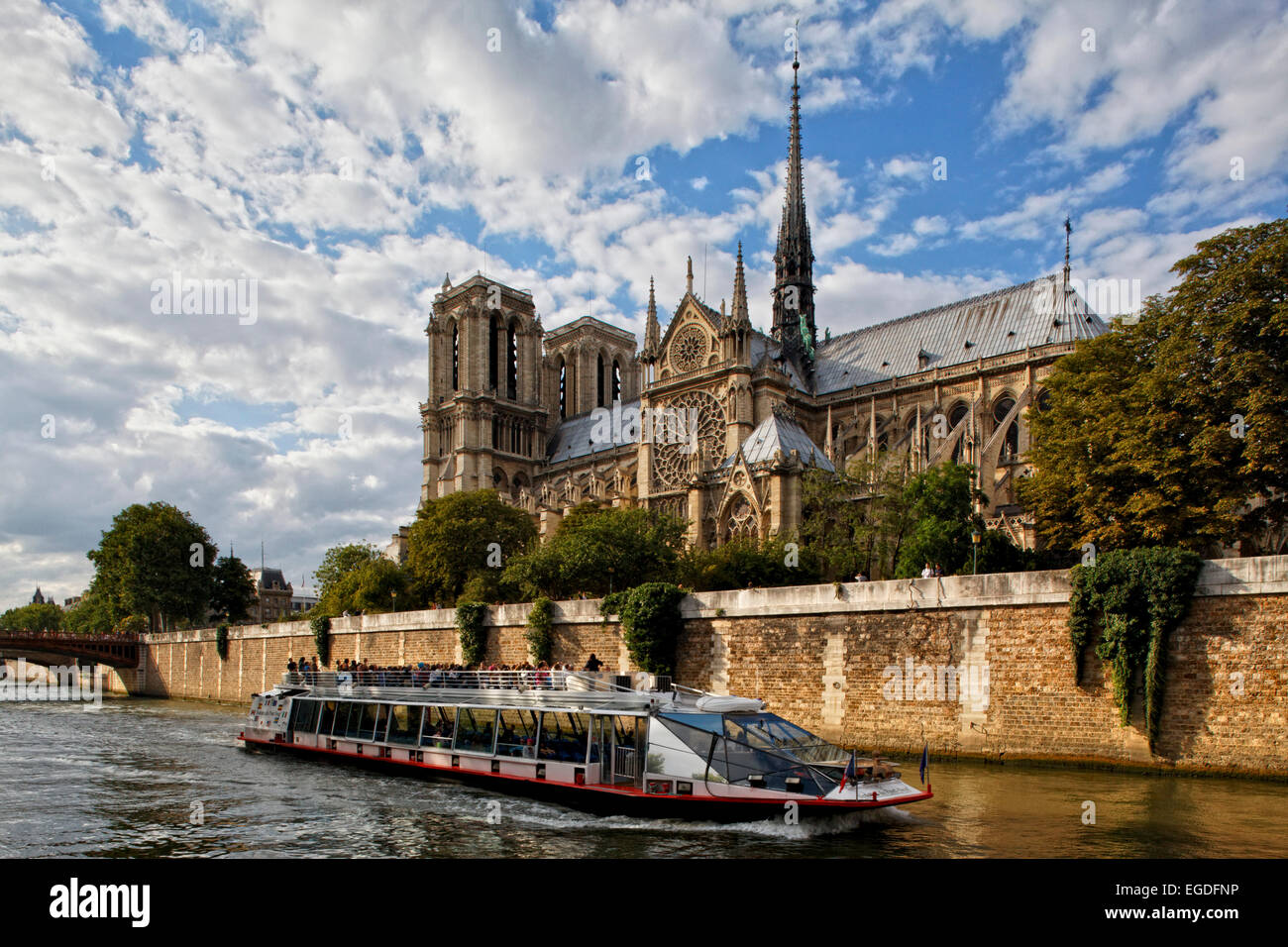 Sightseeing-Boot auf dem Fluss Seine, Ile De La Cite und Notre Dame, Paris, Frankreich Stockfoto