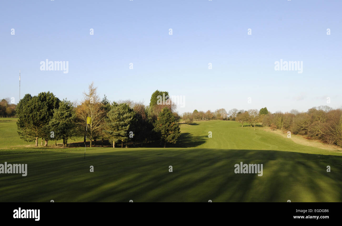 Blick auf das 18. Grün von Carthagena Kurs John O' Gaunt Golf Club Sandy Bedfordshire England Stockfoto