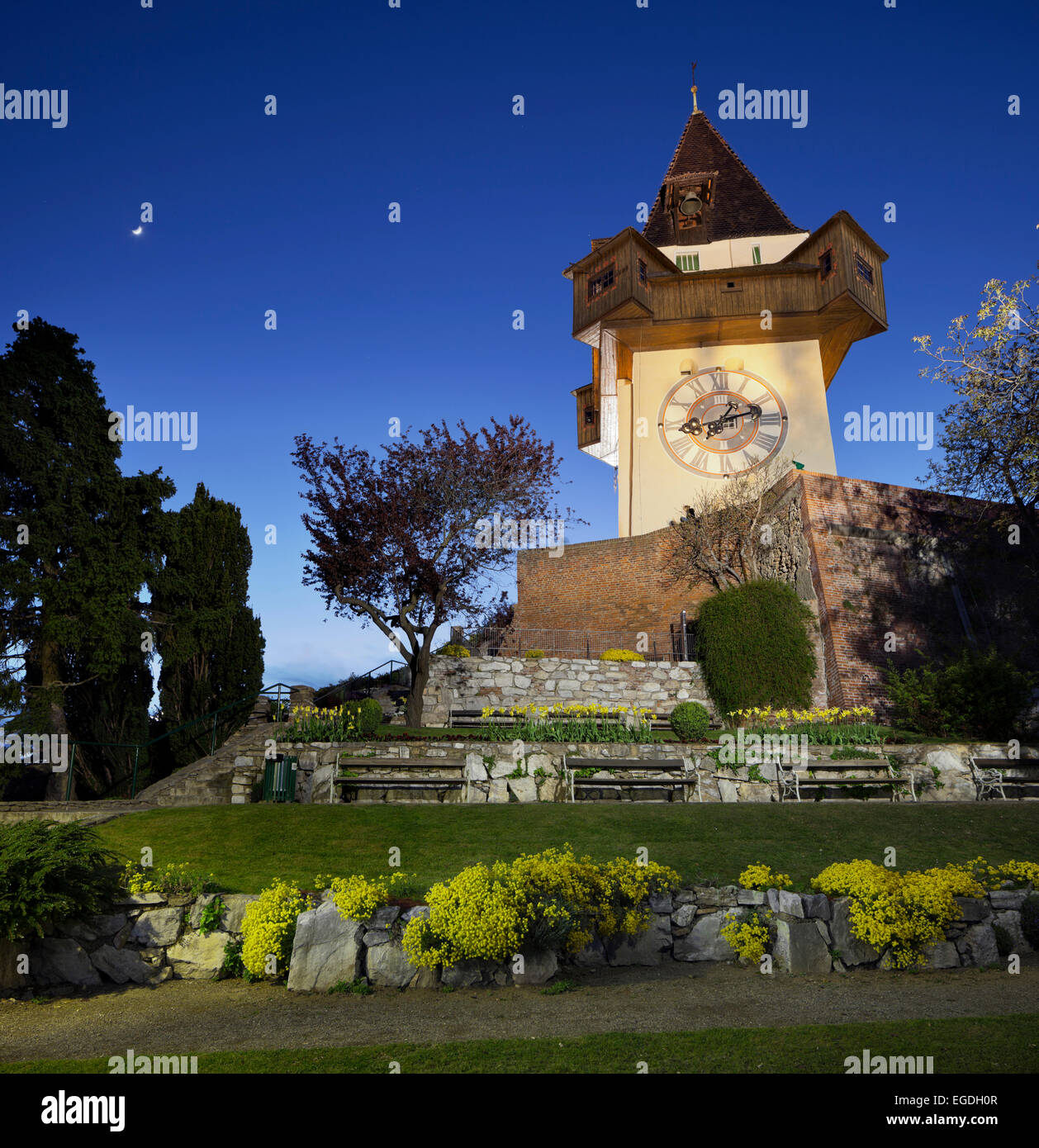 Grazer Uhrturm in der Abend, Schlossberg, Graz, Steiermark, Österreich Stockfoto