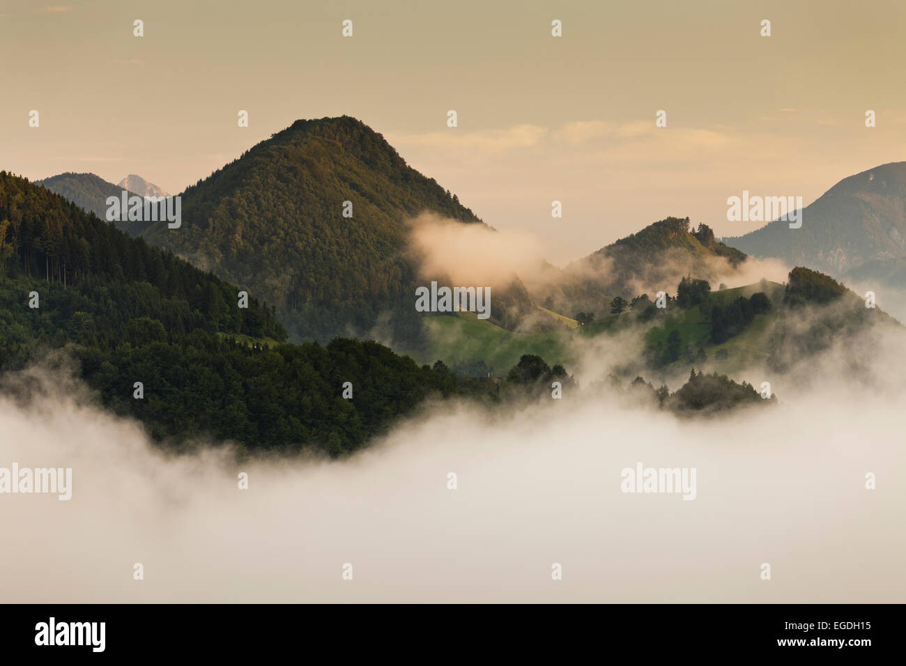 Blick auf die Alpen in der Nähe von Maria Neustift, Bertelkogel, Oberösterreich, Österreich Stockfoto