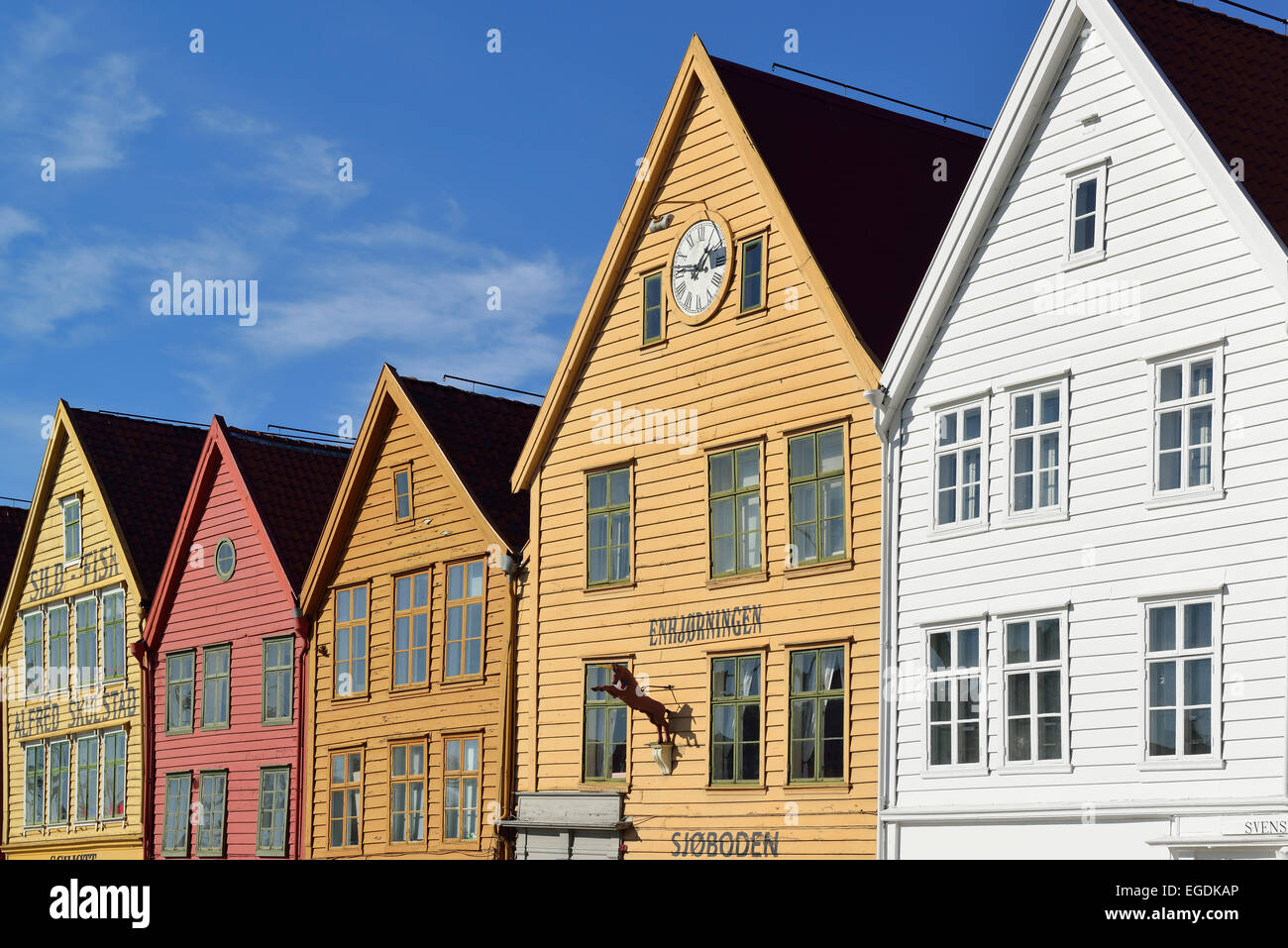 Hanseatische Gebäude in Bryggen, UNESCO World Heritage Site Bryggen, Bergen, Hordaland, Norwegen Stockfoto