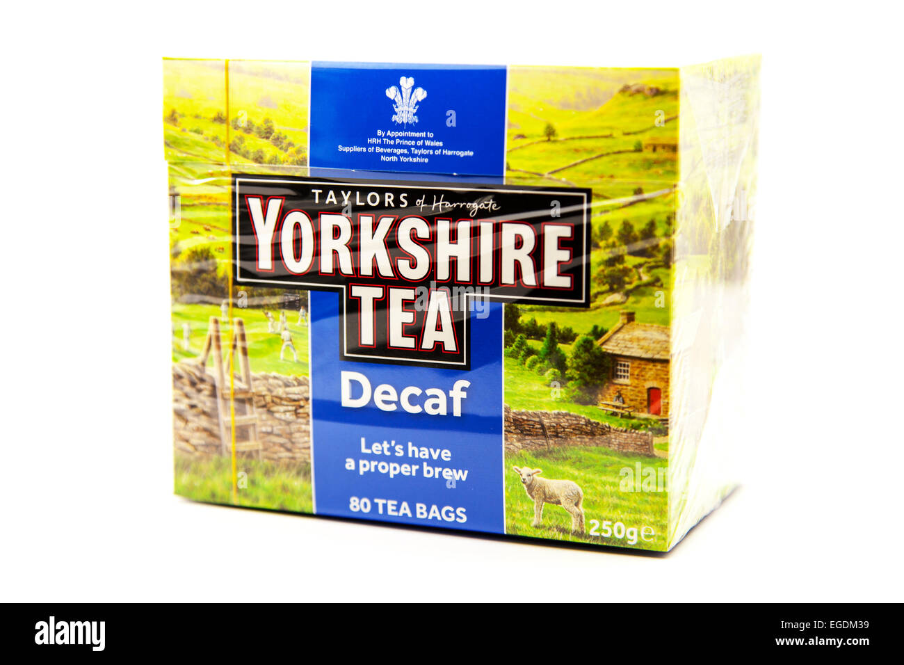 Yorkshire Teebeutel entkoffeinierten Kaffee koffeinfrei Kasten Pack Paket Ausschnitt weißen Hintergrund textfreiraum Taylors ausgeschnitten. Stockfoto