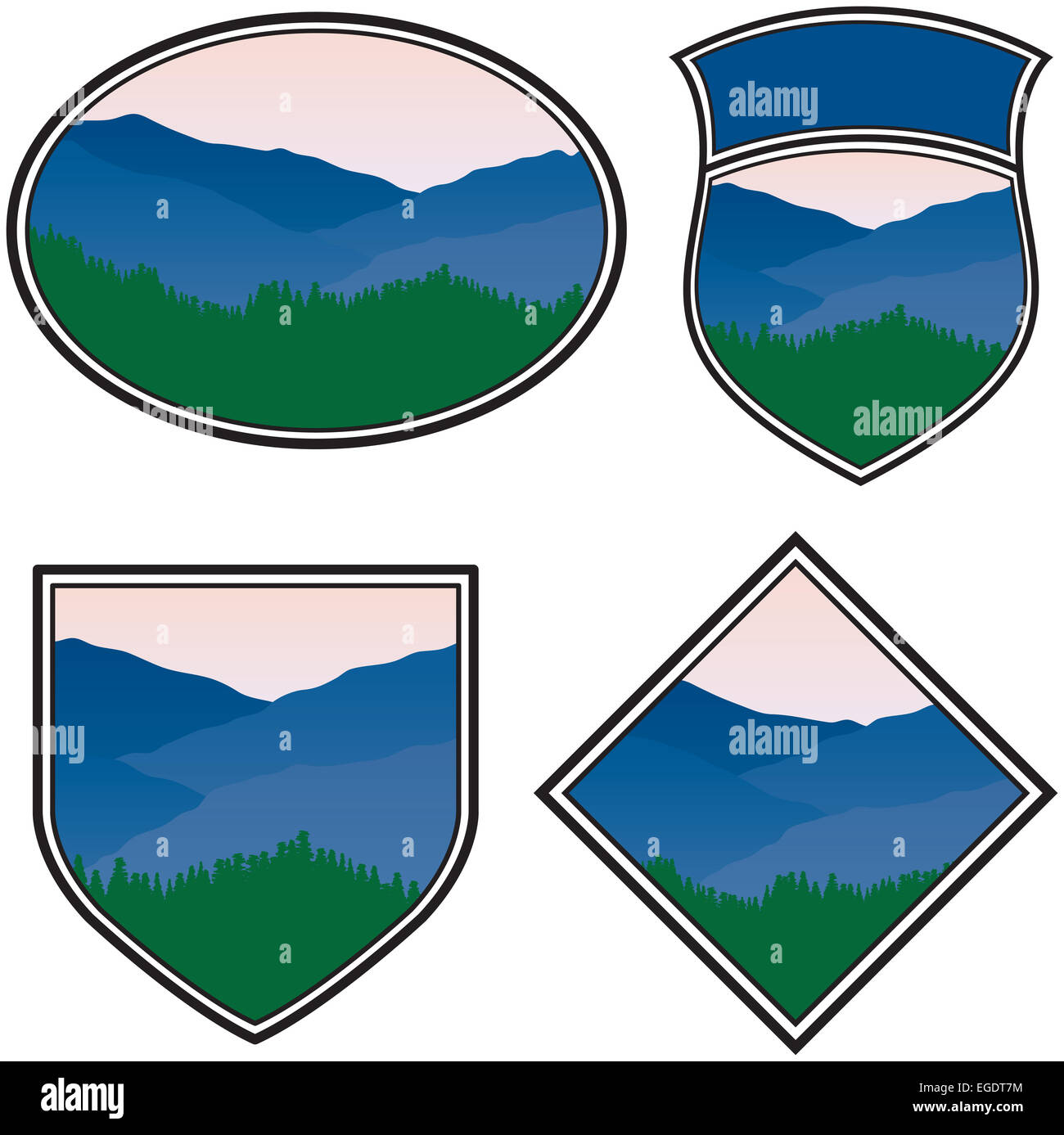 Verschiedene Logos mit einer Berglandschaft Stockfoto