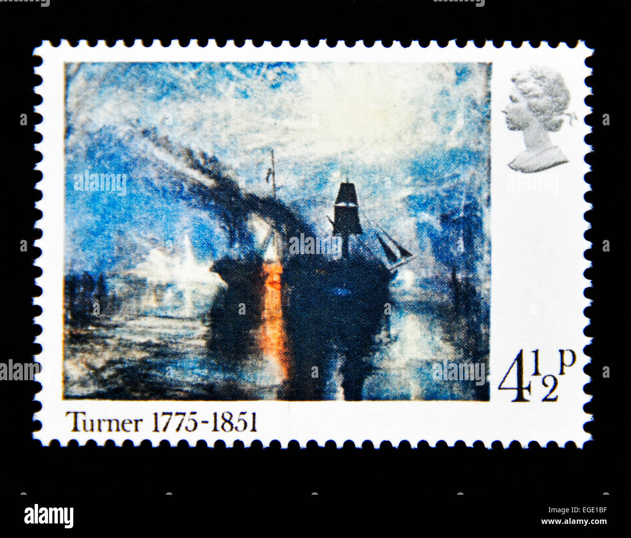 Briefmarke. Great Britain. Königin Elizabeth II. 1975. Geburt Zweihundertjahrfeier des J.M.W.Turner. "Frieden - Seebestattung". Stockfoto
