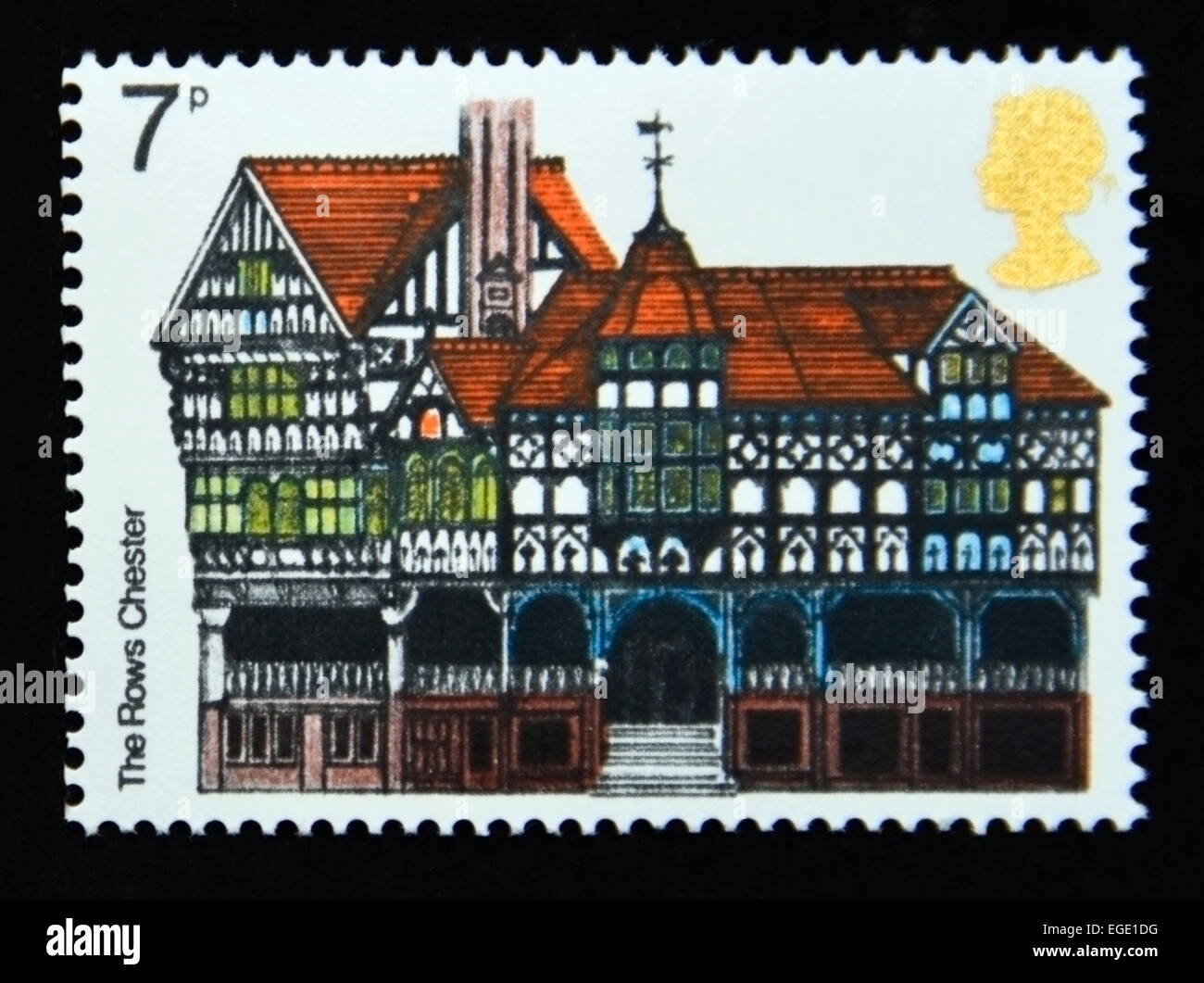 Briefmarke. Great Britain. Königin Elizabeth II. 1975. europäischen architektonischen Erbes Jahr. Die Zeilen, Chester. 7p. Stockfoto