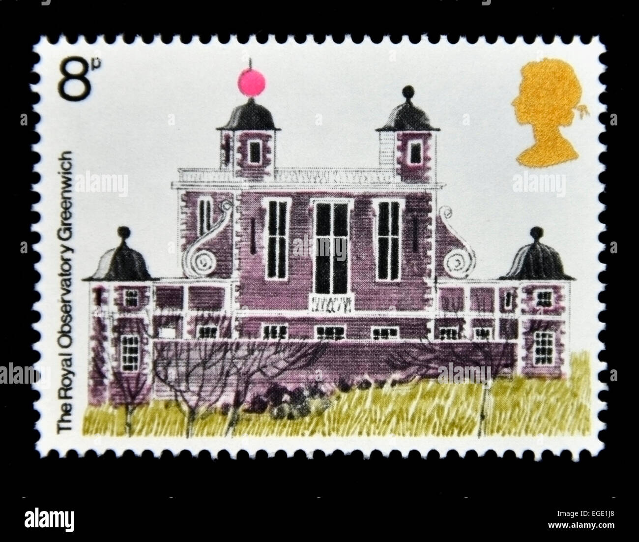 Briefmarke. Great Britain. Königin Elizabeth II. 1975. europäischen architektonischen Erbes Jahr. Das Royal Observatory, Greenwich. Stockfoto