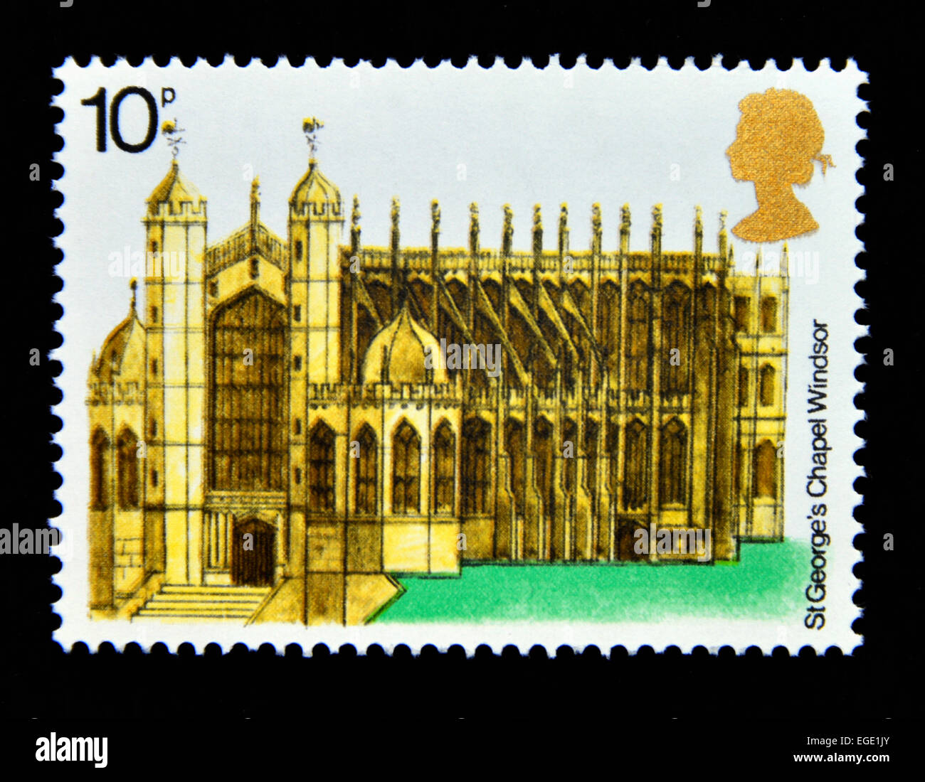 Briefmarke. Great Britain. Königin Elizabeth II. 1975. europäischen architektonischen Erbes Jahr. St. Georg Kapelle, Windsor. 10p. Stockfoto
