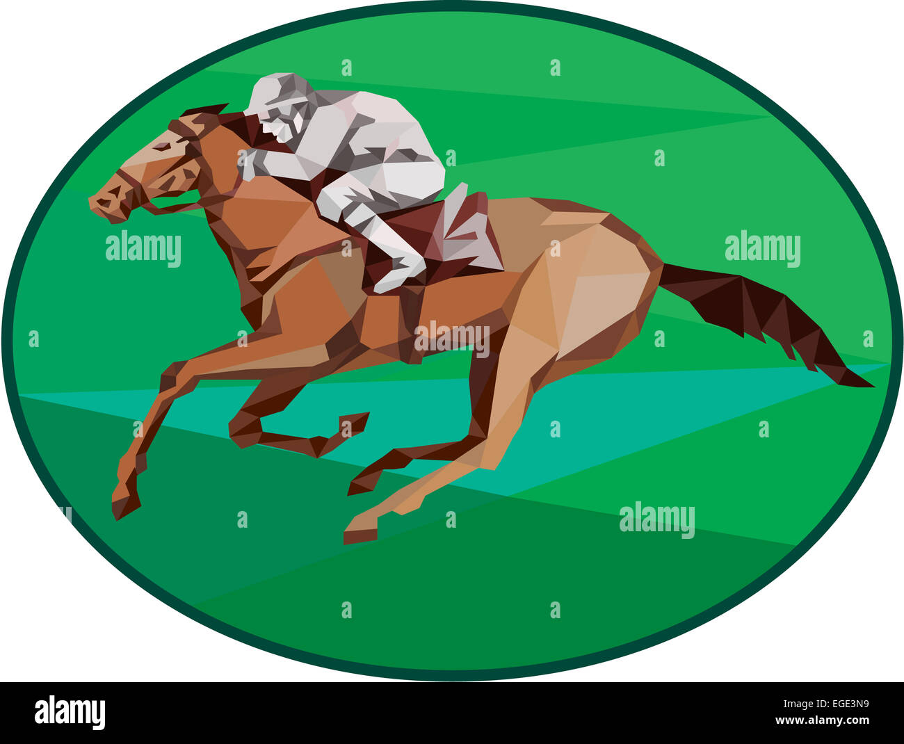 Low-Polygon Stil Darstellung von Pferd und Jockey racing gesehen von der Seite in ovale Form auf isolierte Hintergrund gesetzt. Stockfoto